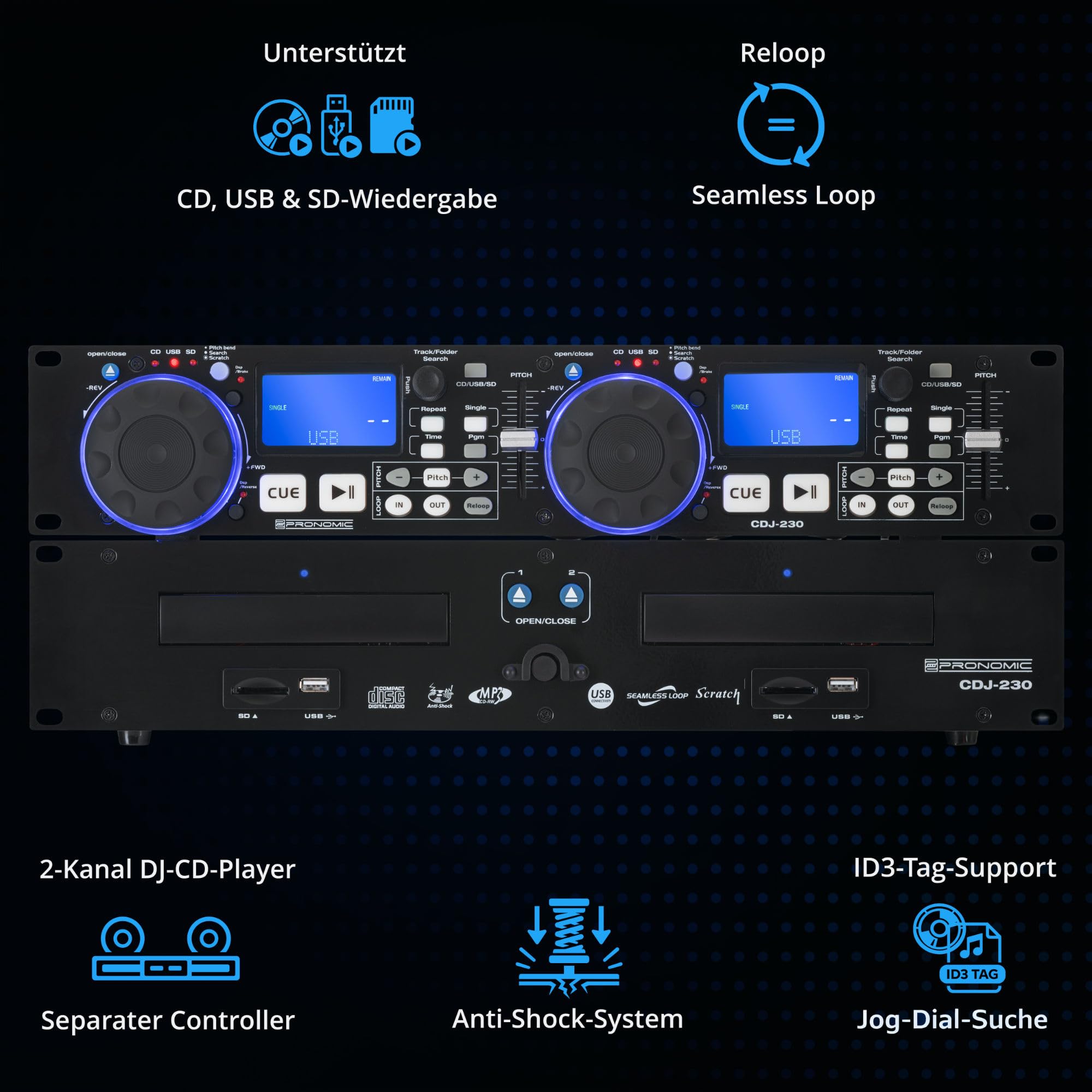 Pronomic CDJ-230 Doppel DJ CD Player - Dual CD MP3 Player mit separatem Controller - USB und SD - Pitch Bender und DSP-Effekte - Seamless Loop - 19 Zoll Rackformat - Schwarz