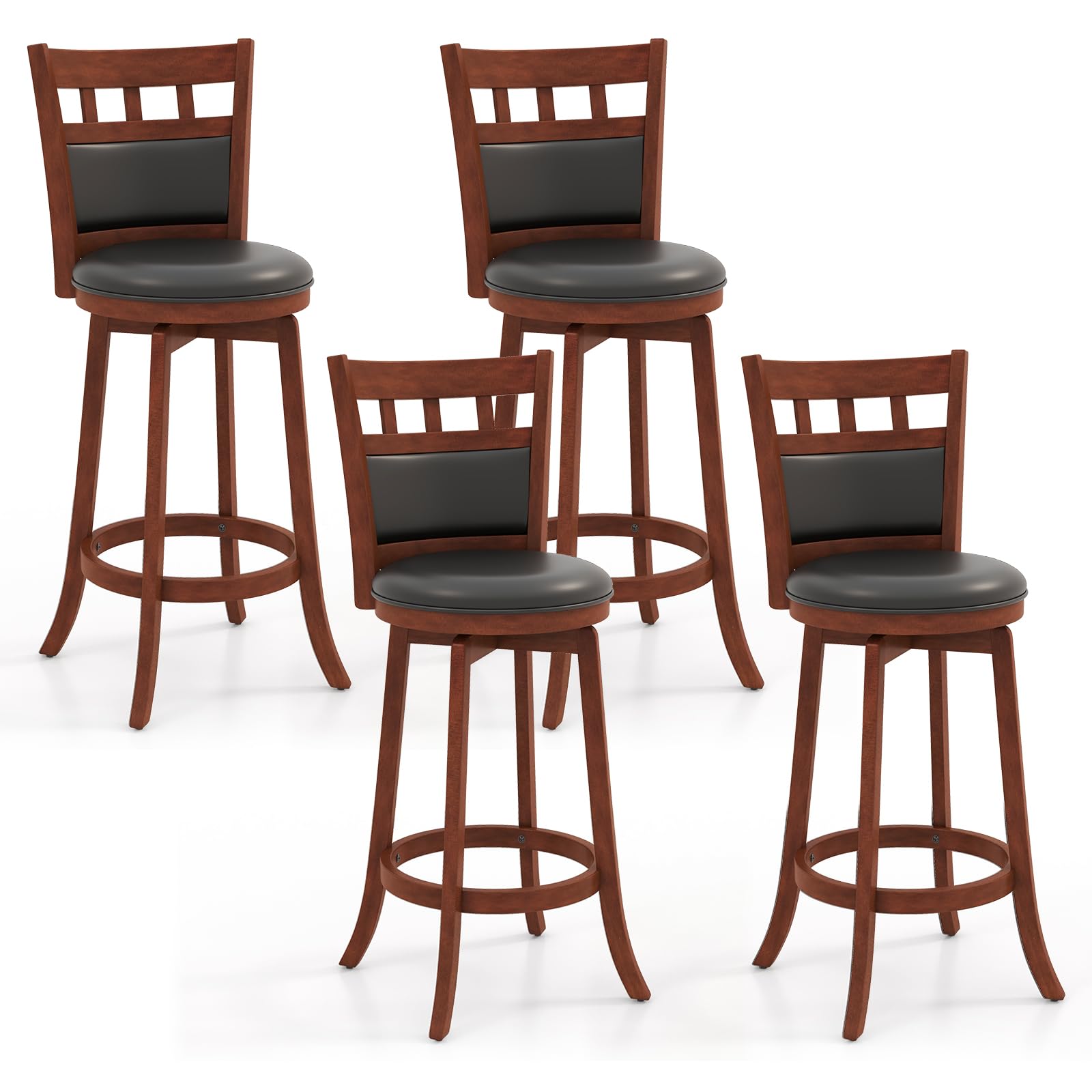 Giantex Wood Bar Stools Set of 4, 31" Swivel Bar Height Barstools w/Back, Rubber Wood Frame, Padded Seat, Footrest, PVC Leather, Wooden Counter Bar