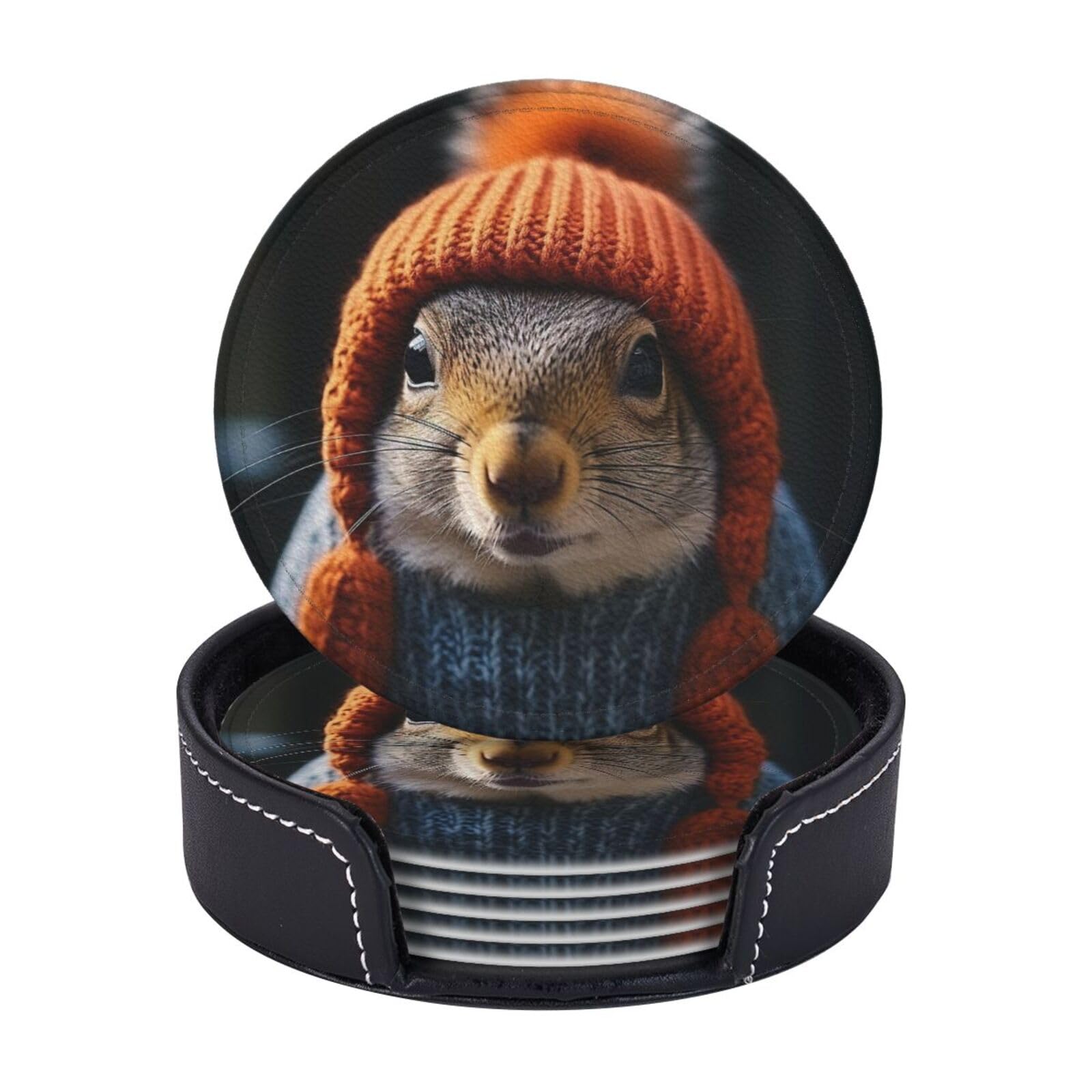 Coasters Set of 6 Leather Drink Coasters with Holder Squirrel Wearing Hat Coasters for Drinks Heat Resistant Coaster Round Coffee Cup Mat Pad for Kitchen Office Home Decor