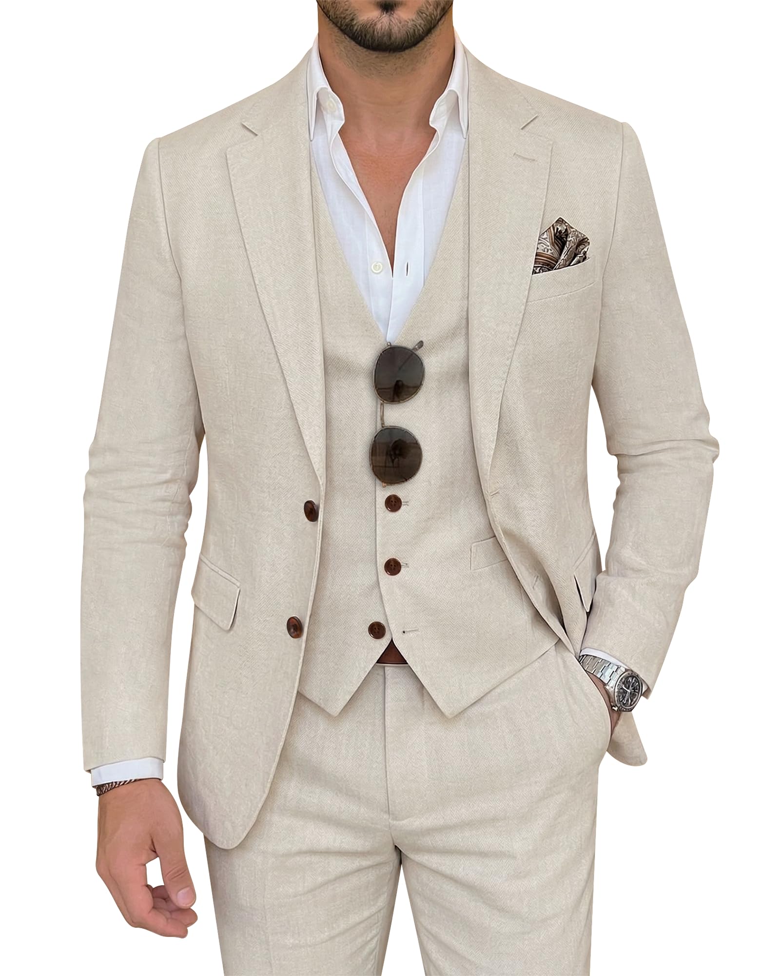 Photo 1 of ZKHOECR Mens Linen Suit Slim Fit 3 Piece Tuxedos for Men Beige Business Casual Suit 2 Button Prom Party Beach Wedding Suits M