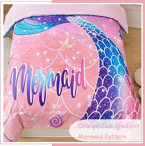 Miniatura 4 de Juego de edredón de sirena para niñas pequeñas, 4 piezas de ropa de cama infantil con escamas de peces con purpurina degradada, ultrasuave,