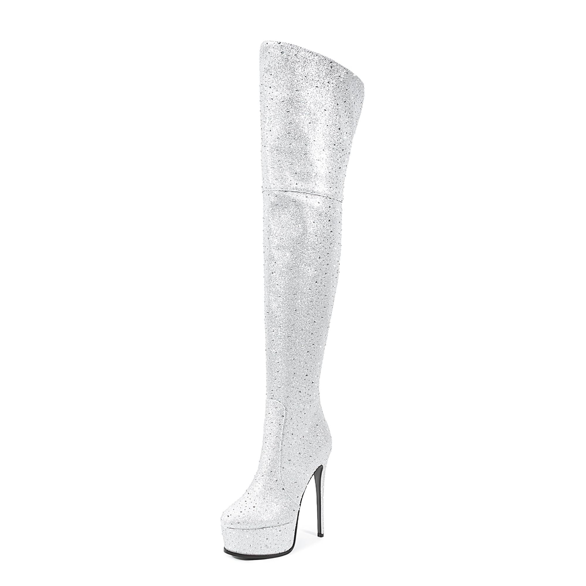 UP2STEP Rhinestone Platform Over the Knee Boots for Women Glittering Crystal Design with Pointed Toe Stiletto High Heel