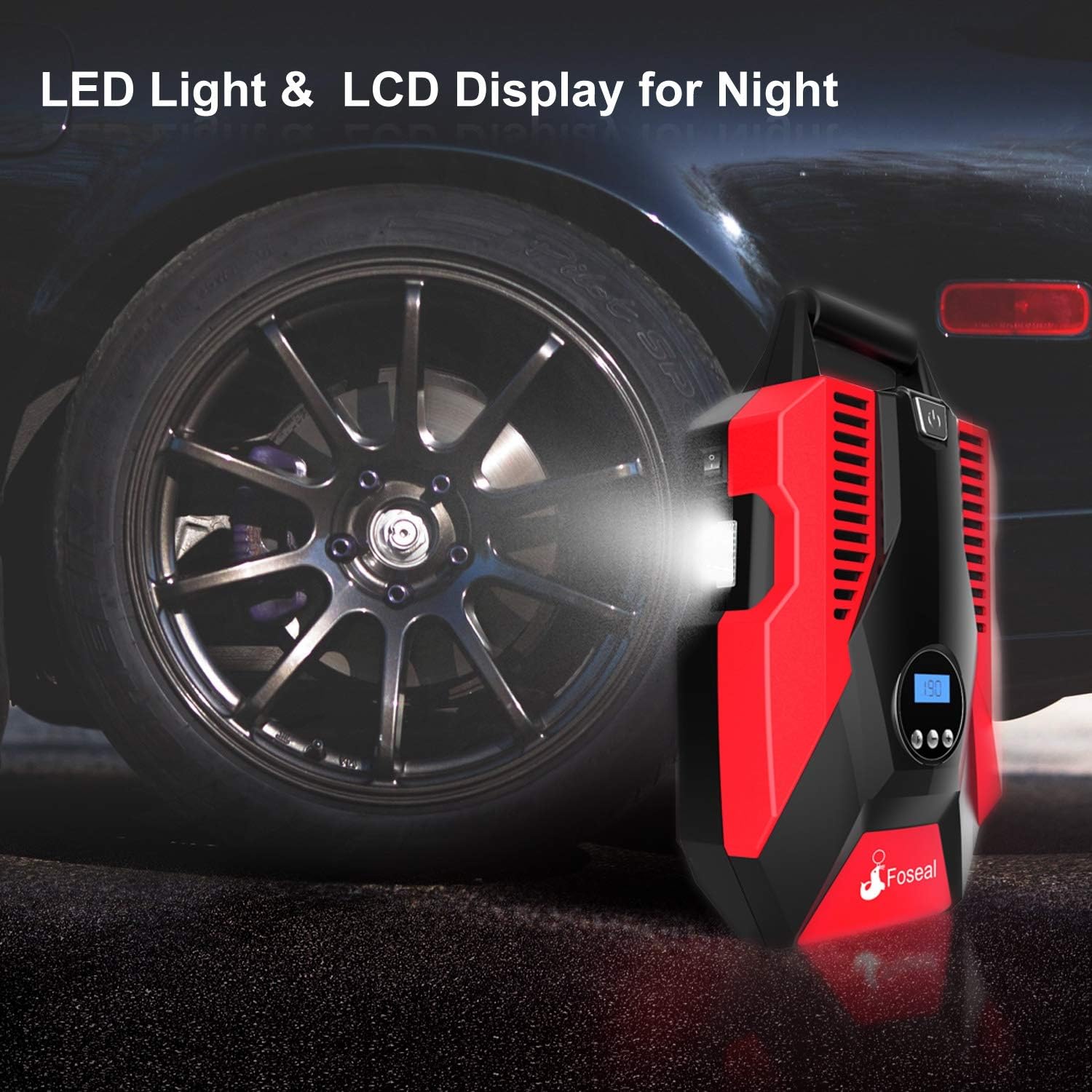 The Foseal air compressor in use at night, with its LED light illuminating a car tire, and the LCD display showing a pressure reading.
