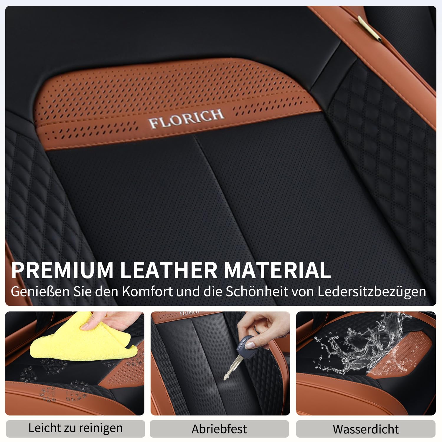 FLORICH Housses de Sièges Avant en Cuir, 2 Pièces Universelles Premium Housses de Sièges Auto Imperméables pour Voitures, Camions, Camionnettes, SUVs (Sièges Avant, Marron&Noir)
