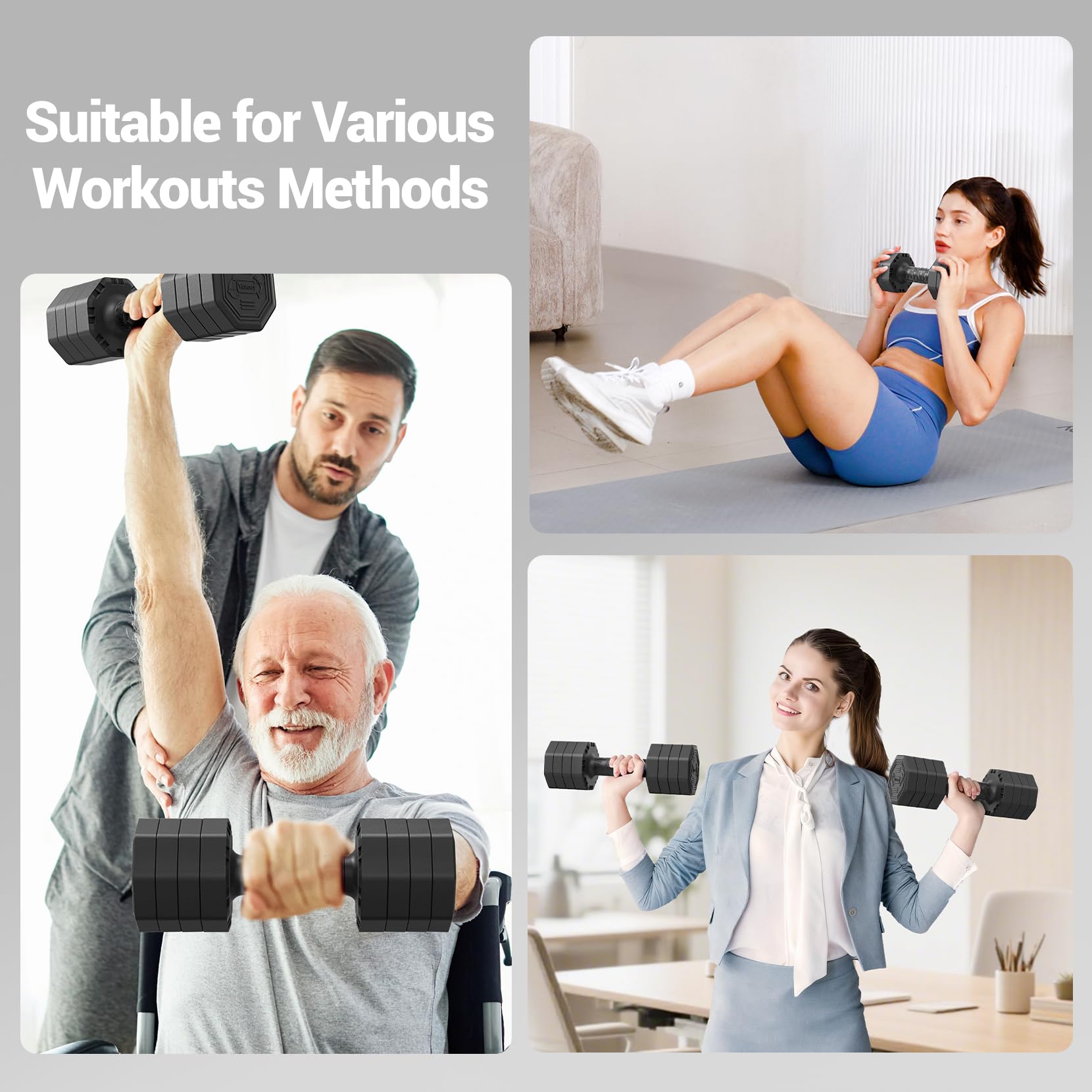 Yoleo Hantelset Verstellbare Hanteln, Adjustable Dumbbell Set 4 in 1 Premium Drehbare Befestigungsart gewichte Tai-Chi-Stil 2/4/6/8/10/20/KG Kombinieren Sie es mit einem weichen TPU-Gummigriff