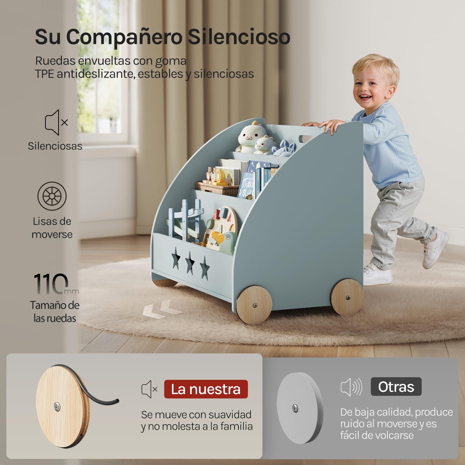 WOLTU Estantería para Niños con 4 Ruedas y 3 Estantes Pequeños, Librero Infantil para Habitación Organizador Multiusos, Estante de Mini Libreria Gris Maderam