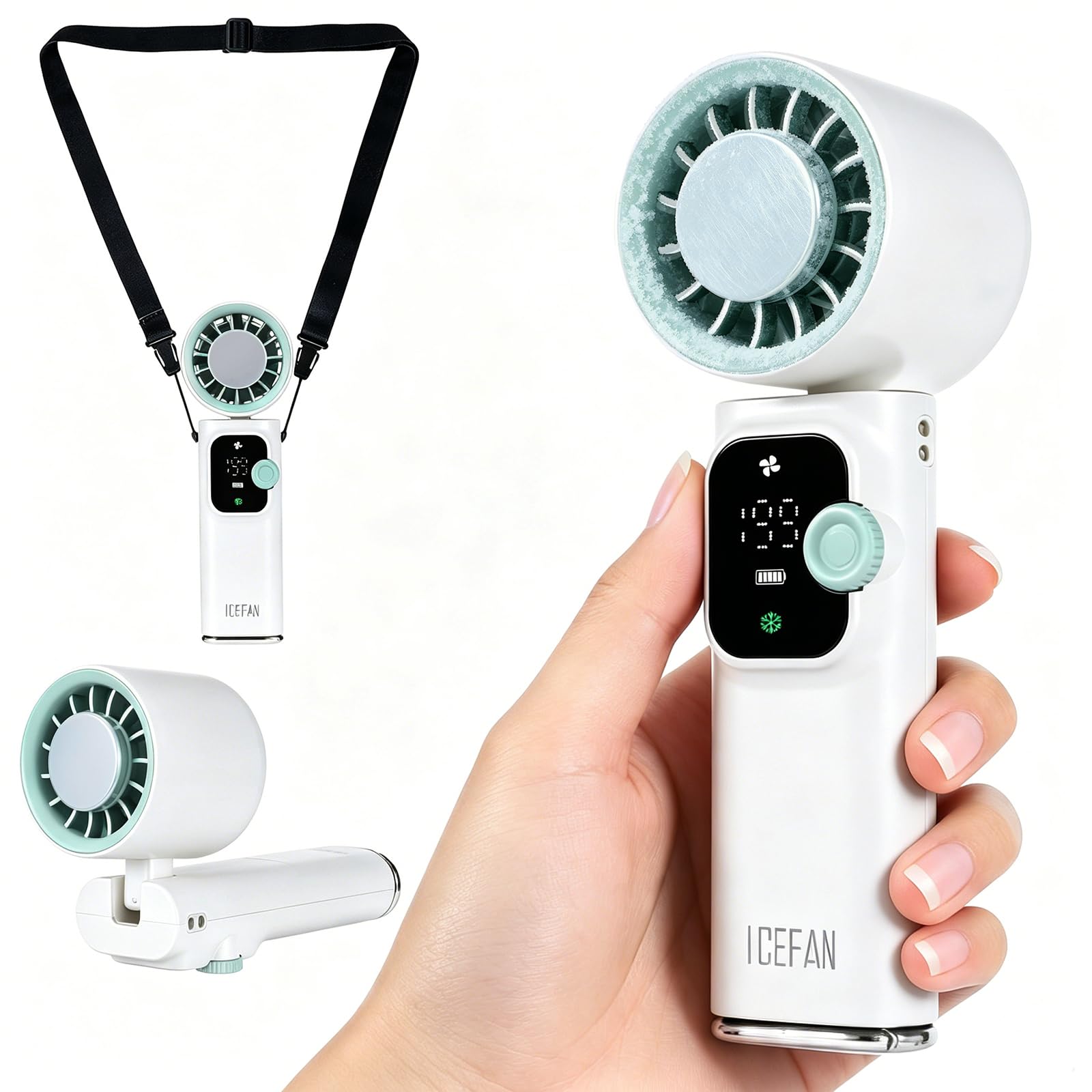 Handheld Portable Turbo Fan with Ice Cooler,Portable Powerful Mini Fan 13500 RPM 1-199 Adjustable Speed 4000mAh Rechargeable Up to 14Hrs Cooling Foldable Fan LED Display for Travel Outdoor Home(White)