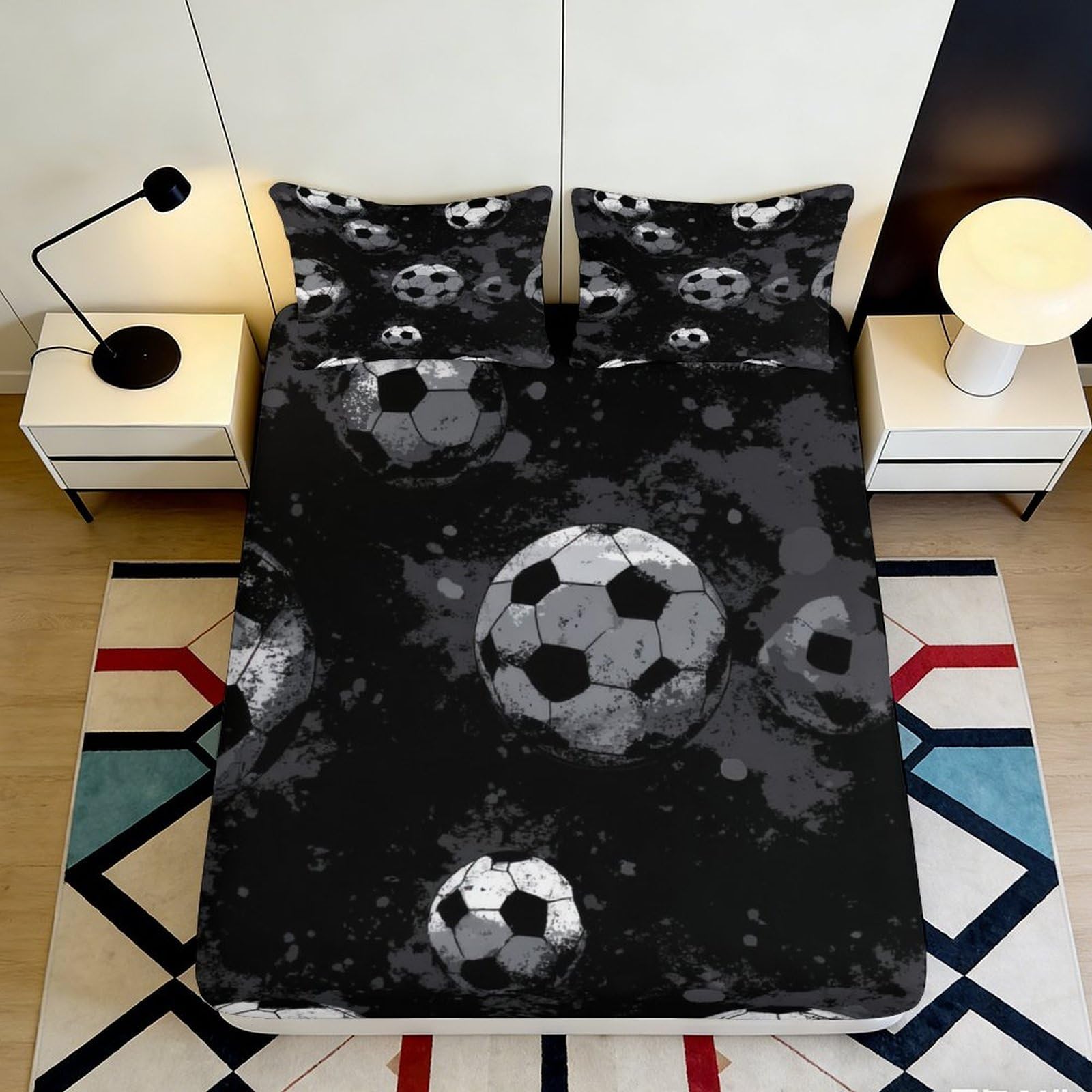 3D Printed Football Theme Fitted Sheet Microfiber Deep Pocket Non-Slip Bedding Full Wrap Football Mattress Fitted Cover for Bedroom Adults Teens 90x200x25cm