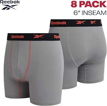 Reebok Mens Boxer Briefs 8 Pack Underwear with Contour Pouch, 6'' Inseam