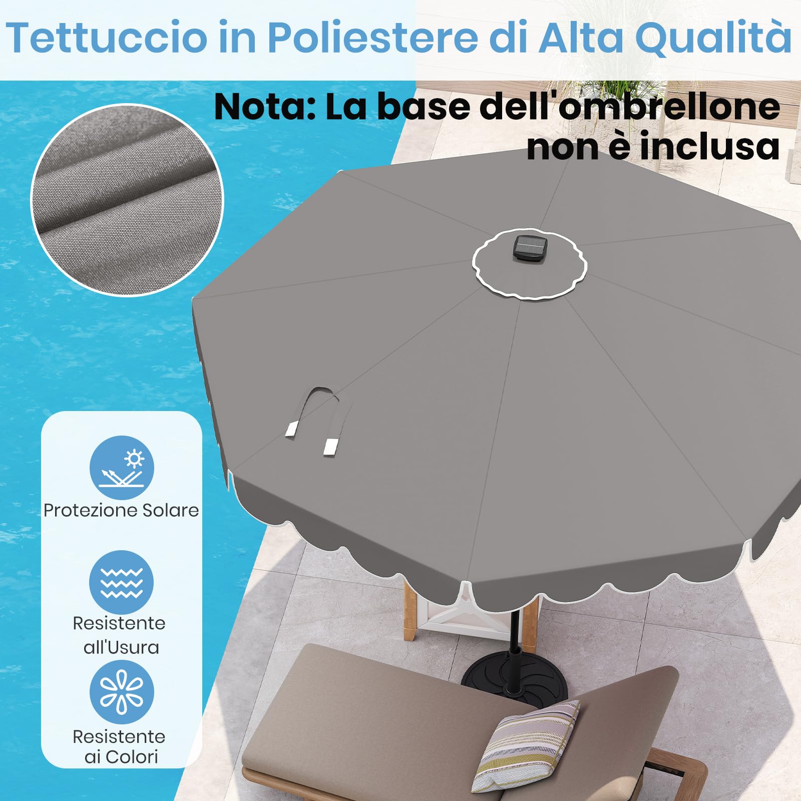 RELAX4LIFE Ombrellone da Giardino 3x3M, Ombrellone da Esterno con 24 Luci LED, Inclinazione Regolabile, Apertura a Manovella, Top Ventilato, per Giardino Piscina Patio (Grigio)