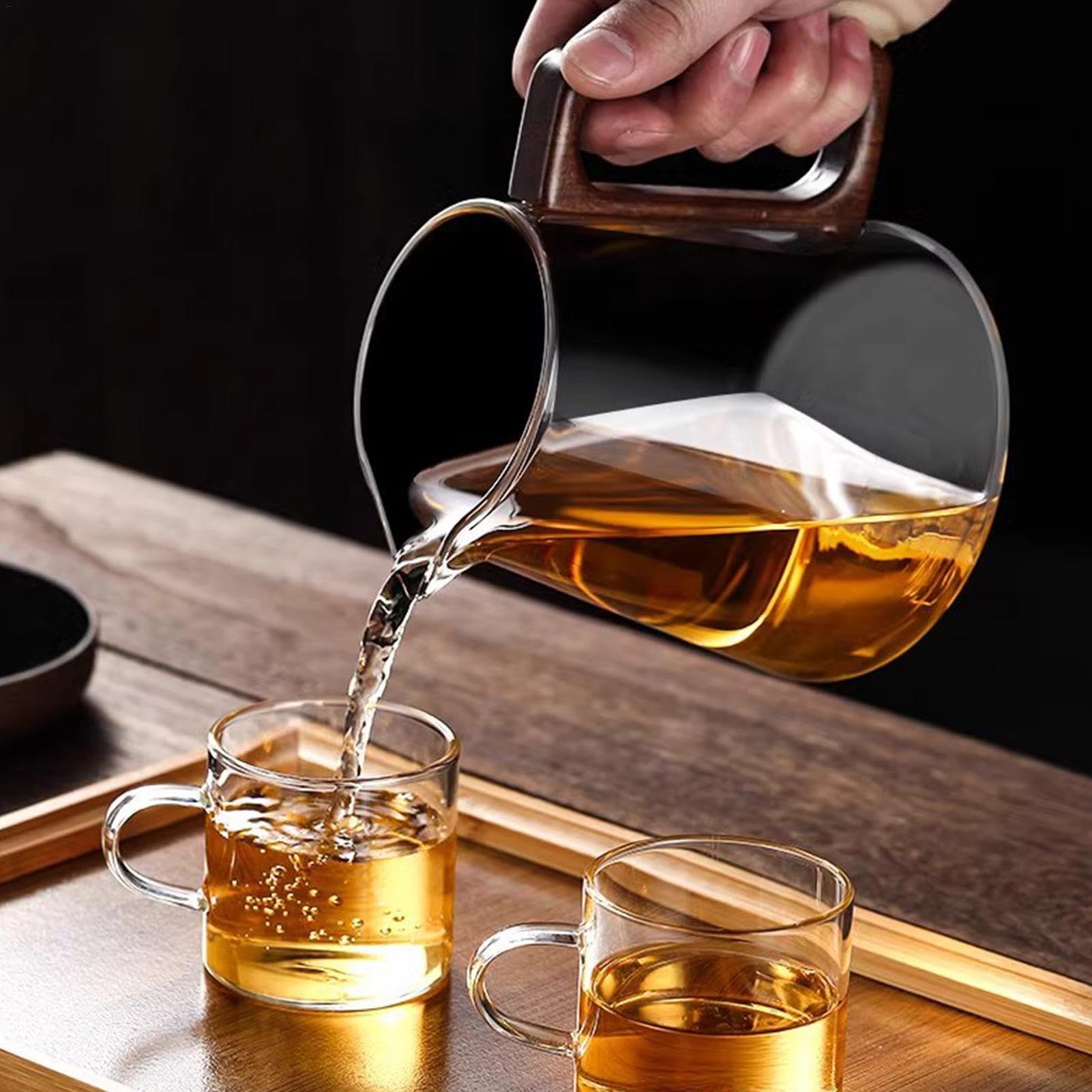 Enchantipot Théière en Verre 800ml Avec Séparation d'Eau et Poignée en Bois, Pot à Thé Magique Avec Contrôle de Presse et Infuseur, Filtration de Thé