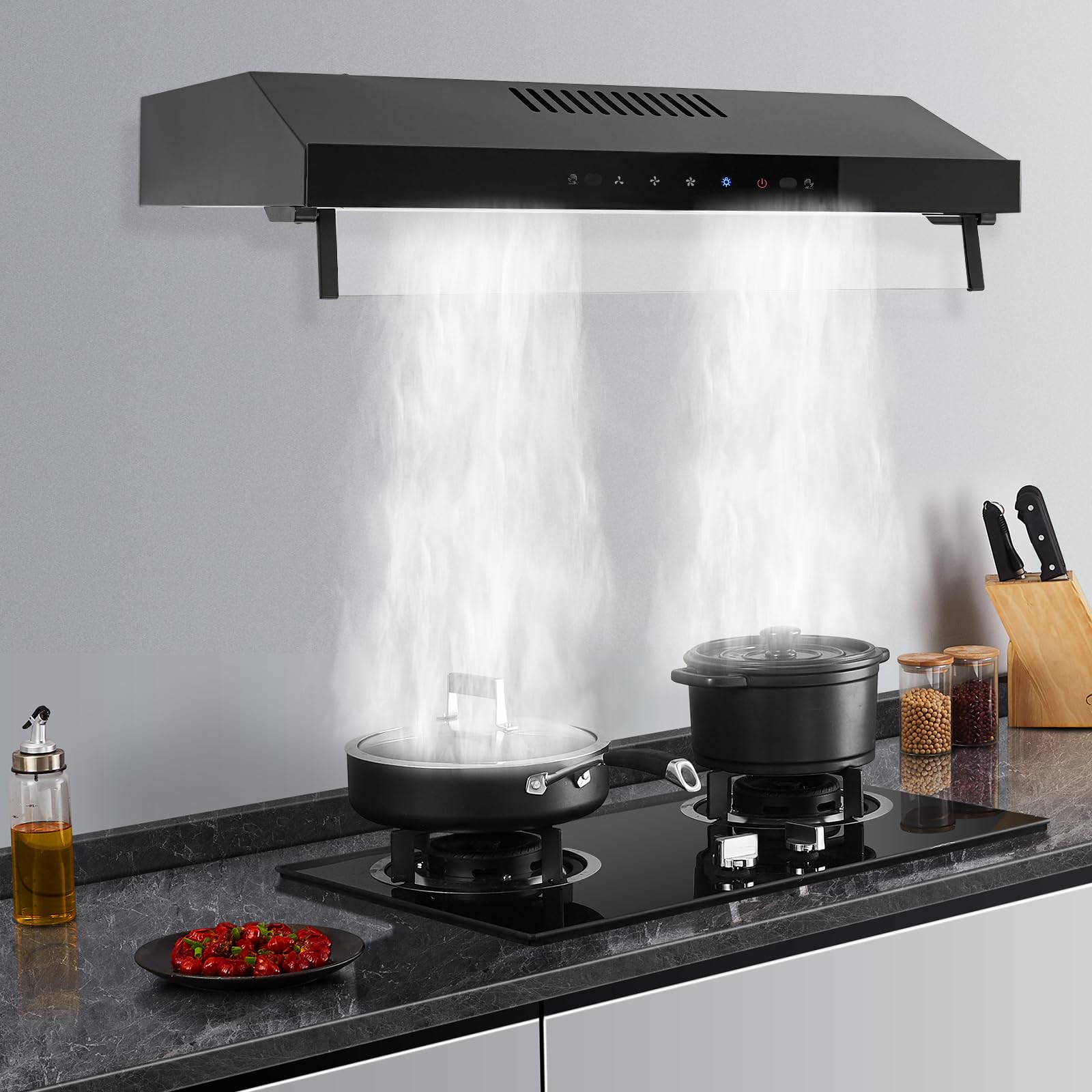 Cappa aspirante in acciaio inox con doppio motore, cappa aspirante da cucina con sensore touch e ricircolo d'aria, cappa aspirante con filtro ai carboni attivi