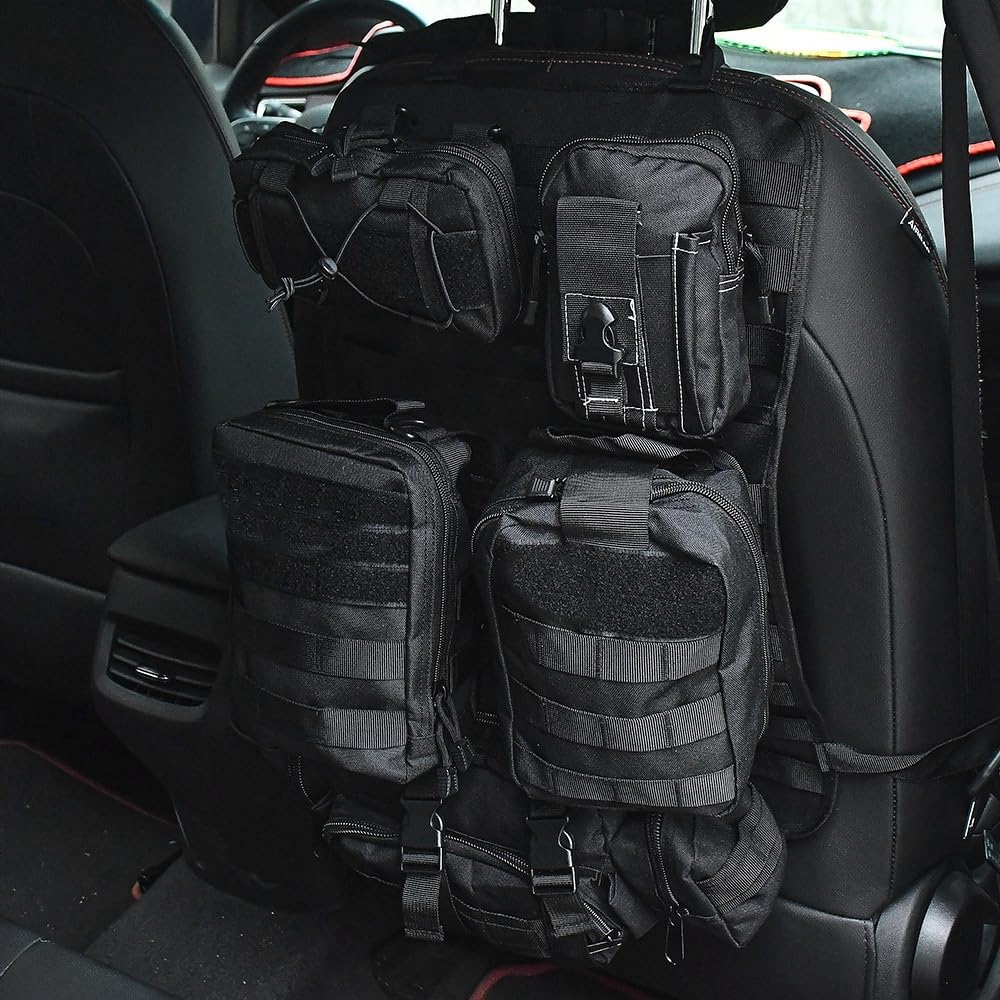 XhuangTech Organizer tattico per sedile auto, resistente, protezione posteriore con 5 tasche staccabili, organizer tattico universale per sedile anteriore e posteriore, per la maggior parte delle auto