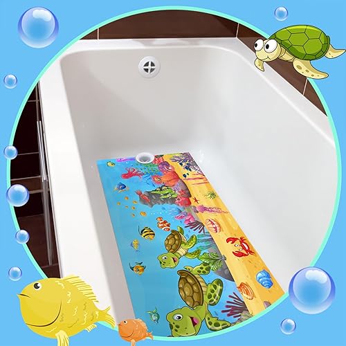Miniatura 5 de Tapete de baño antideslizante de tortuga marina de 16 x 40 pulgadas, antideslizante, tapete de seguridad para bañera con drenaje recortado adhesivo