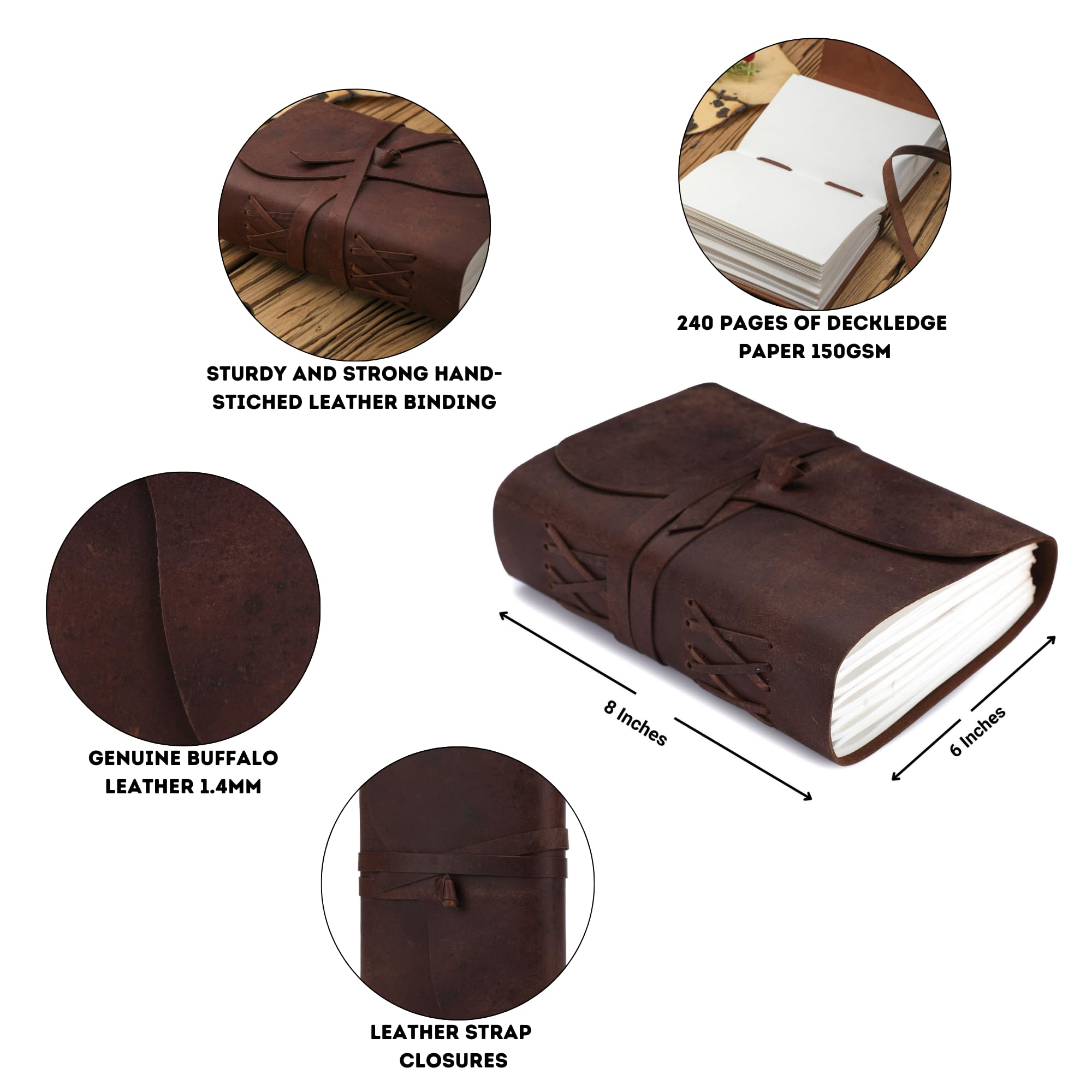 Fausta Vintage Leather Journal with Flap, Brown, 8 x 6 inches - Image 3