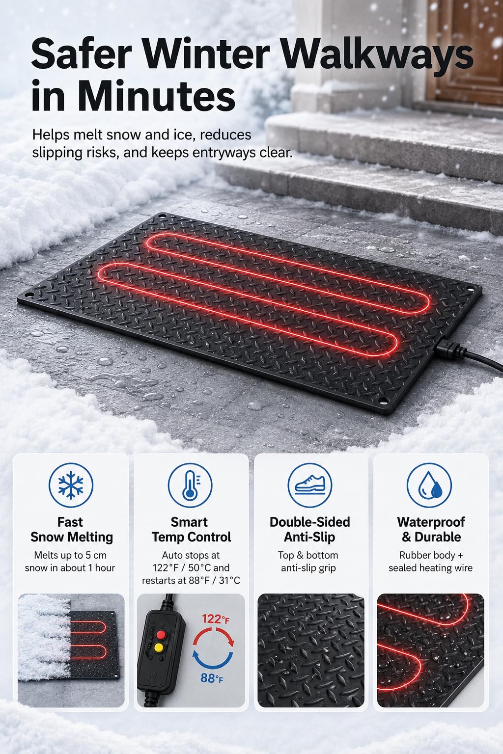 Tappetini Riscaldanti da Esterno 10 X 30 Pollici, Tappeti Antigelo per Neve, Passerelle Riscaldanti per Inverno, Tappeti Marciapiede Elettrici per Ponti(3 Pezzi) 3PCS10×30"