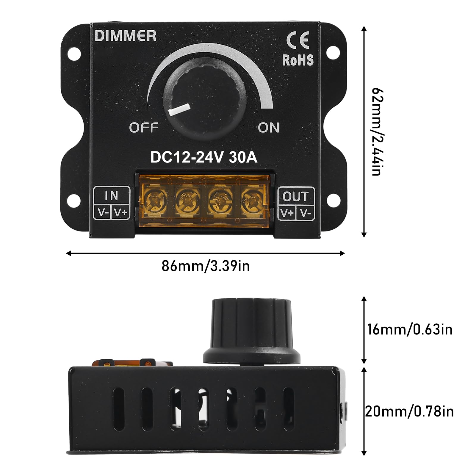 4 reguladores LED DC 12 V 24 V para tiras LED, 30 A 12 V, regulador de intensidad PWM LED, botón de atenuación para ajustar el brillo, regulador de brillo para banda de luz