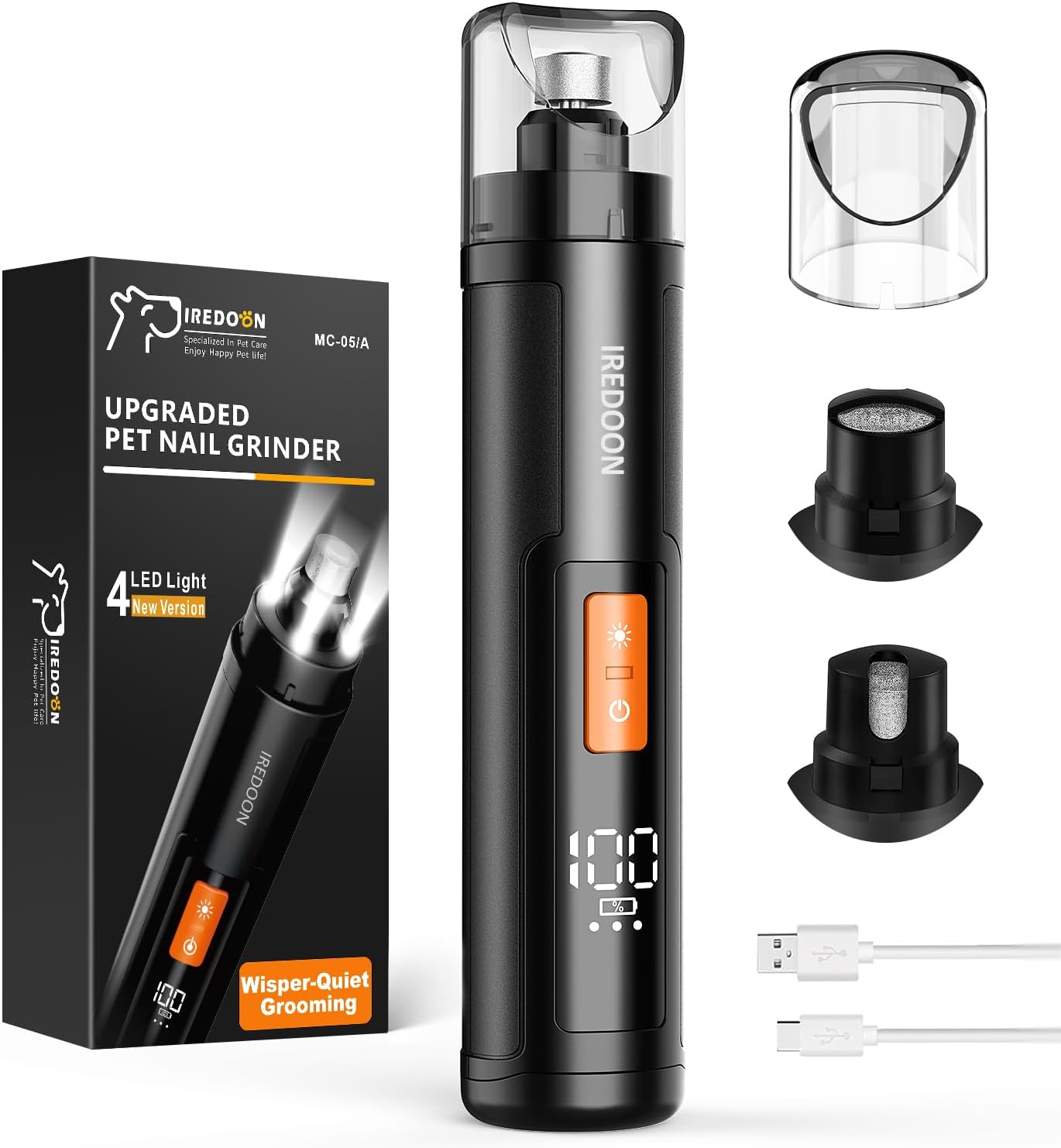 IREDOON Dog Nail Grinder with 4 LED Lights, 3 Speeds Super Quiet for Pets