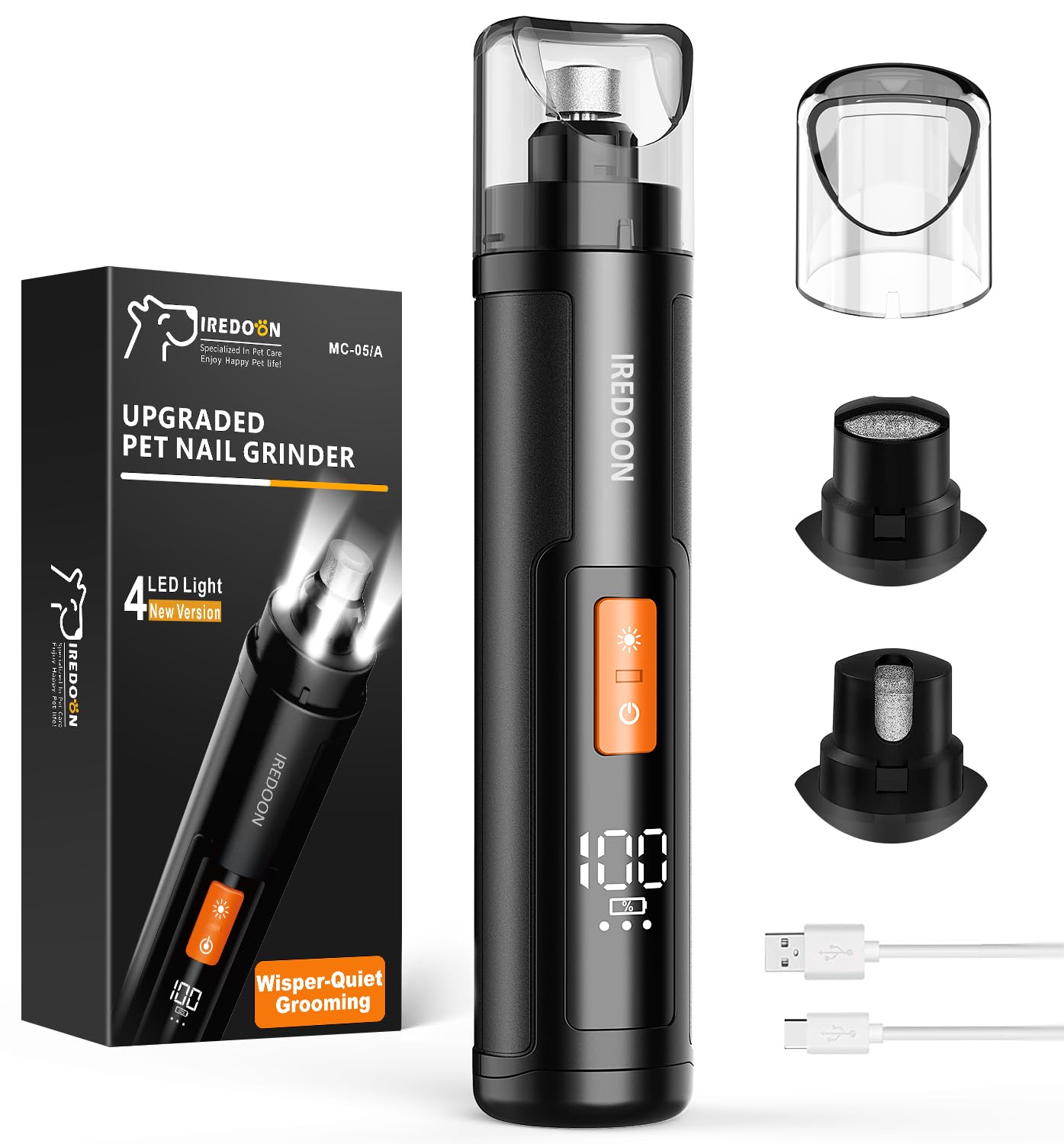 IREDOON Smerigliatrice per Unghie per Cani, 3 Marce con 4 luci a LED（Nero） | Super Silenziosa, Lima Elettrica Professionale, Con Contenitore Per Unghie, Adatto A Cani E Gatti Di Taglia Grande E Media