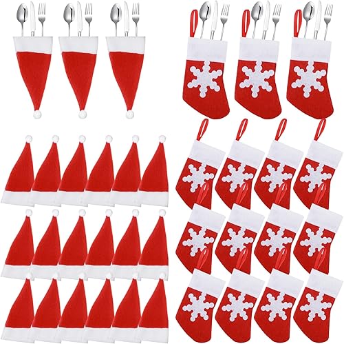 Sawysine 36 soportes de cubiertos de Navidad para calcetines de Navidad, decoración de mesa de cena, mini sombreros de Santa Claus, soporte para