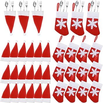 Sawysine 36 Pieces Christmas Santa Hats Silverware Holders Xmas Party Dinner Table Dinnerware Decorations Santa Hats Cutlery Holder for Fork Spoon Knife Holiday Flatware Decor
