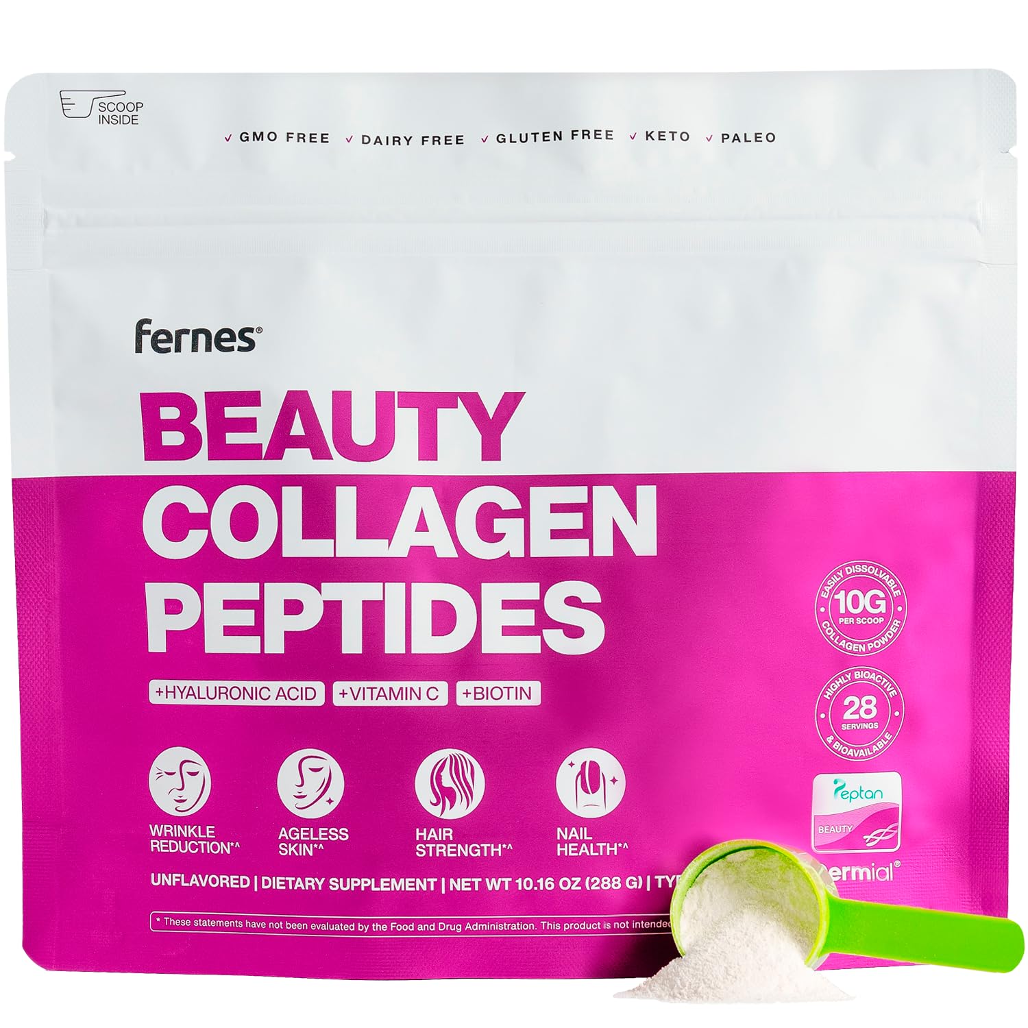 Fernes Hydrolyzed Beauty Collagen Peptides Supplement Powder for Women - for Ageless Skin, Strong Hair & Nails, 28 Servings - 9.88oz Unflavored