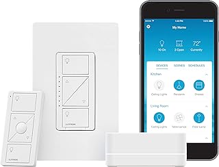 Lutron Caseta Smart Start Kit, Dimmer Switch with Smart Bridge | Works with Alexa, Apple HomeKit, and The Google Assistant | P-BDG-PKG1W-C | White