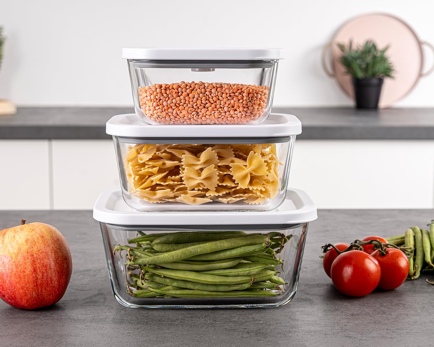 Rommelsbacher Vakuum Behälter Set VCG 1, 3 Behälter, Borosilikatglas, BPA-frei, hitzebeständig, spülmaschinenfest, gefriergeeignet, inkl. Vakuumierschlauch & Adapter für Vakuumierer anderer Marken