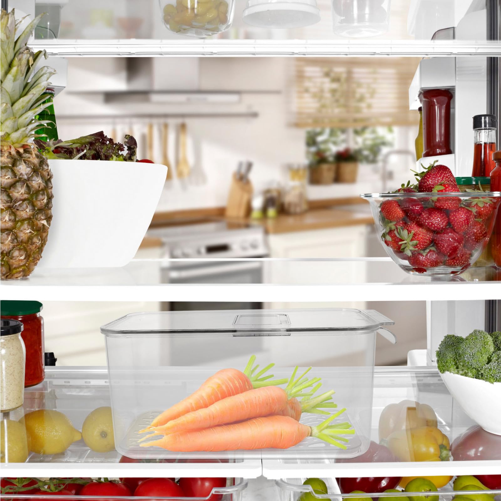 Contenedor de Almacenamiento para Refrigerador Pet Pp Gran Capacidad | Bandeja de Drenaje, Sellado Hermético para Conservación, Organización de Frutas y Verduras