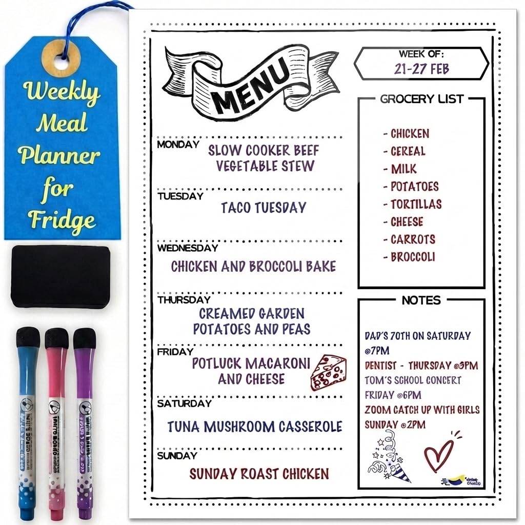 Magnetic Weekly Meal Planner for Fridge – 16” x 12” Dry Erase Menu Board with Grocery List & Notes – Stain-Resistant Whiteboard for Family Meal Planning Includes 3 Magnetic Markers & Eraser