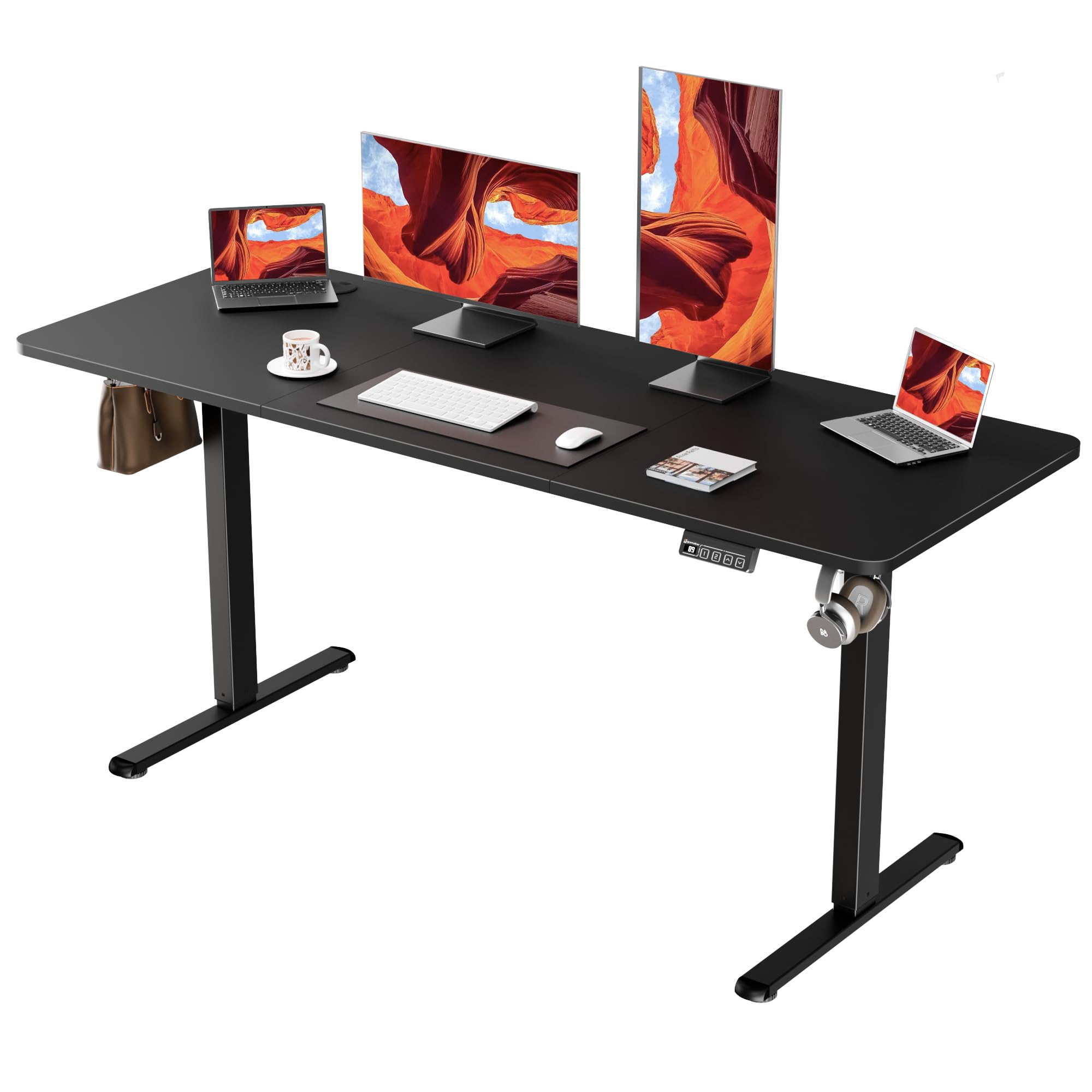 ERGOMAKER Electric Standing Desk Height Adjustable 160x60cm, Sit Stand Desk with Memory Smart Pannel, Home Office Desk with Splice Board(Black Frame + Black Desktop)
