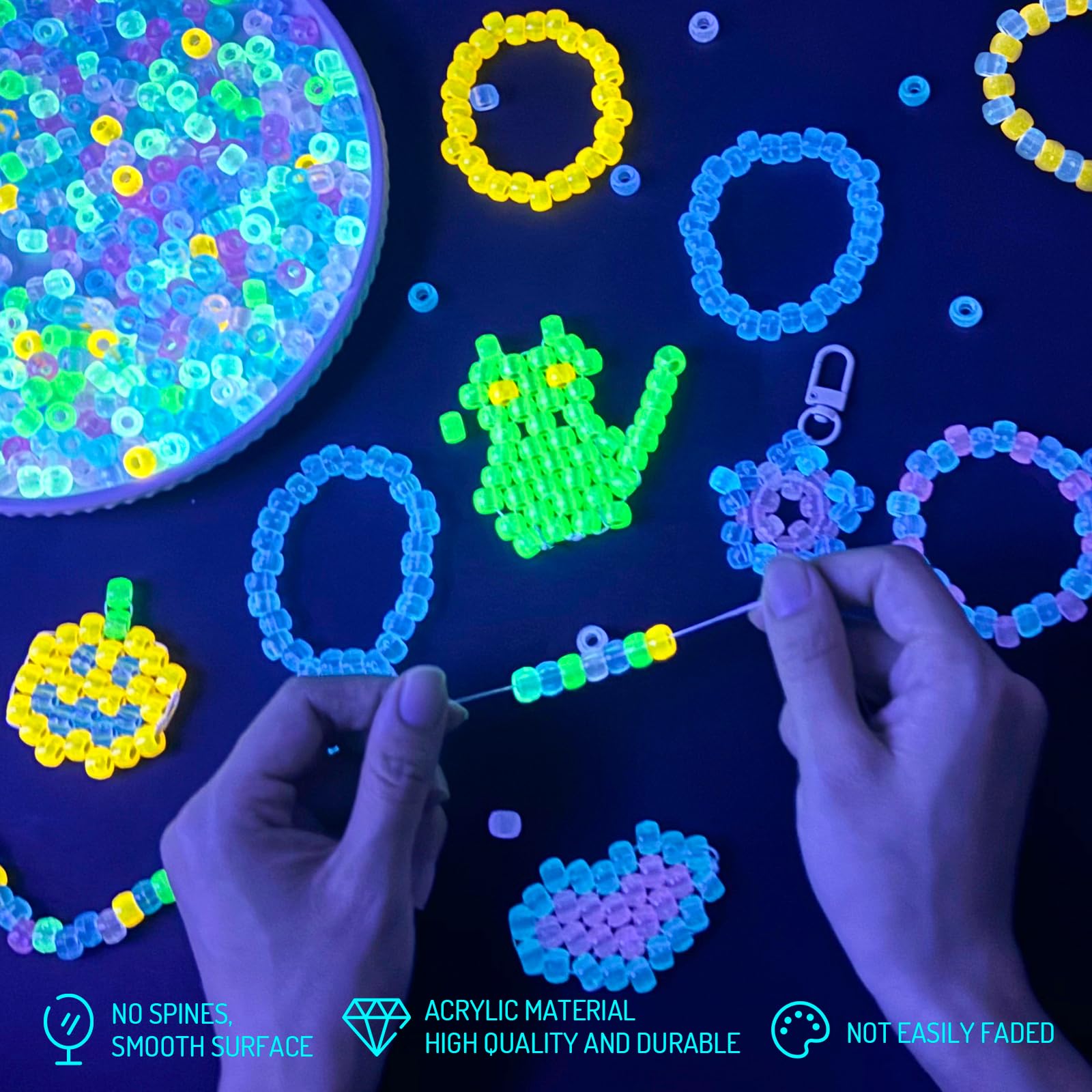 Glow in The Dark Pony Beads for Bracelets, +pcs 6x9mm Rave Kandi Acrylic Beads Neon Luminous Colored Charms Hair Bead for Braids Girls Halloween Jewelry Making Crafts Party Supplies