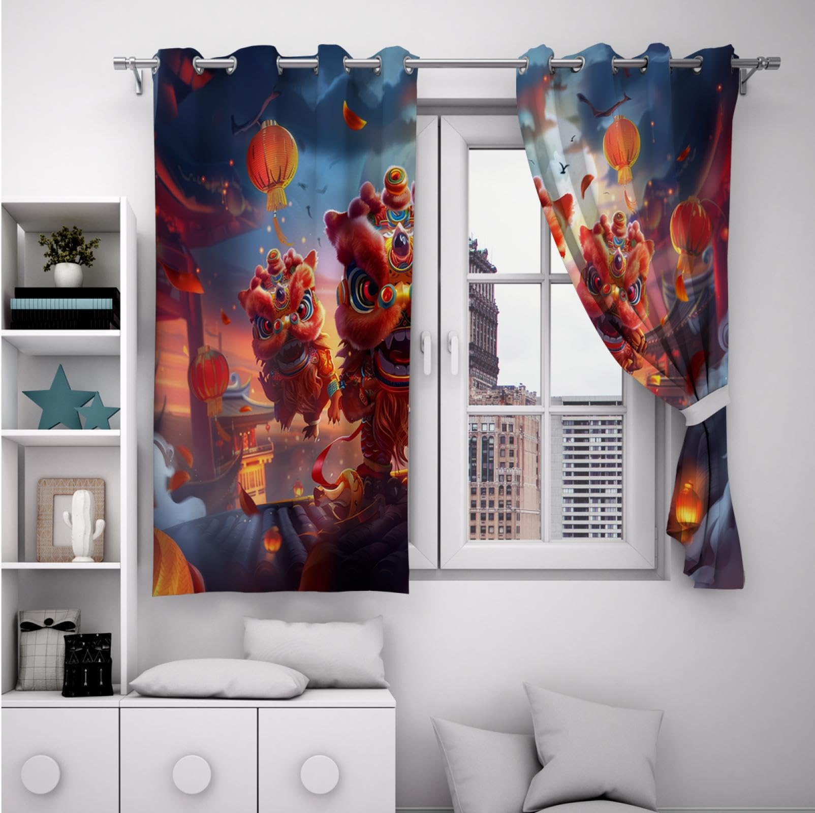 HOBBOY Chinese Style Curtain New Year Holiday Decor Blackout Curtains for Bedroom Living Room Chinese Lion Dance Pattern Window Drapes 2 Panels 2X W38xL63in