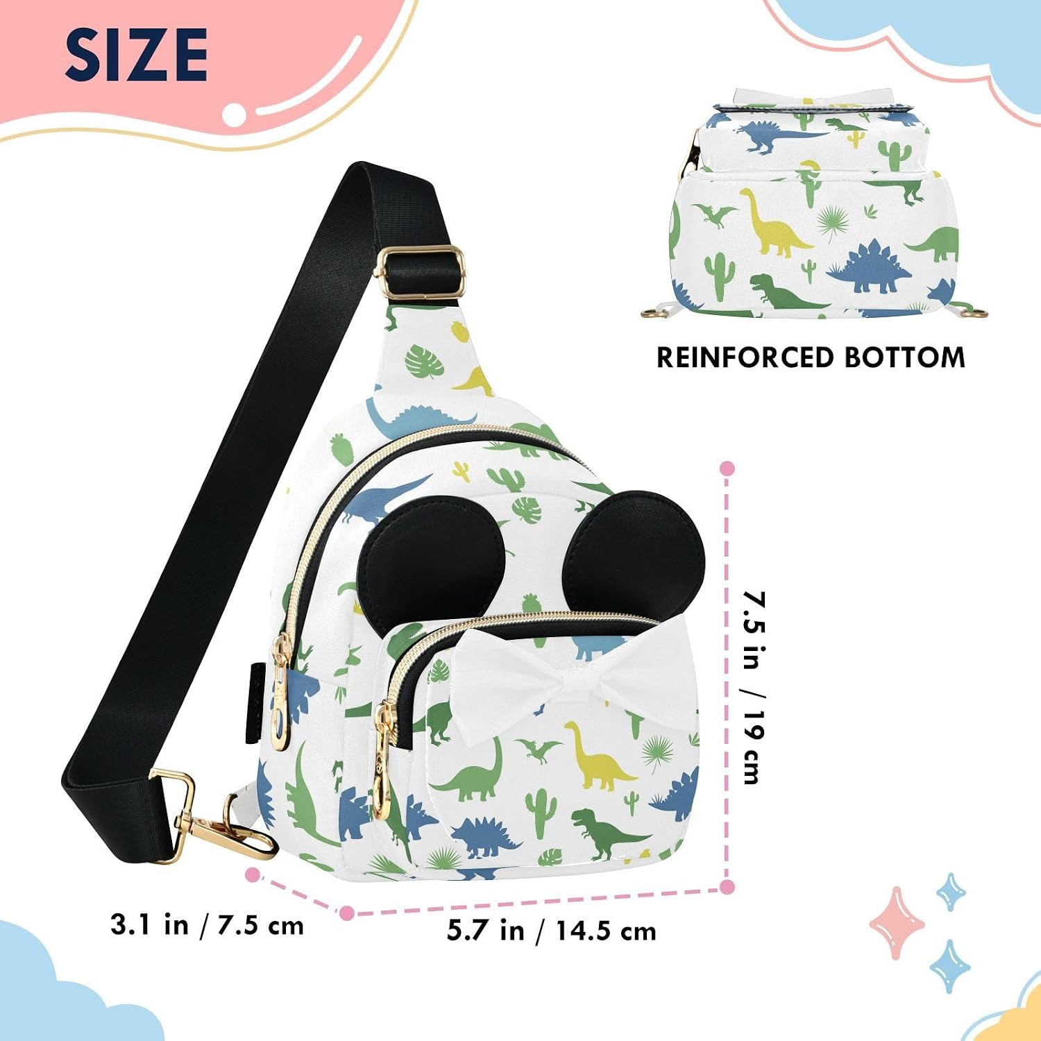 Sinestour Dinosaur Kids Sling Bag for Girls, 7.5x3.1x5.7In | Crossbody Fanny Pack, Toddler Purse, Cute Sling Belt Bag with Ears, 2L Small Shoulder Chest Bag for Travel