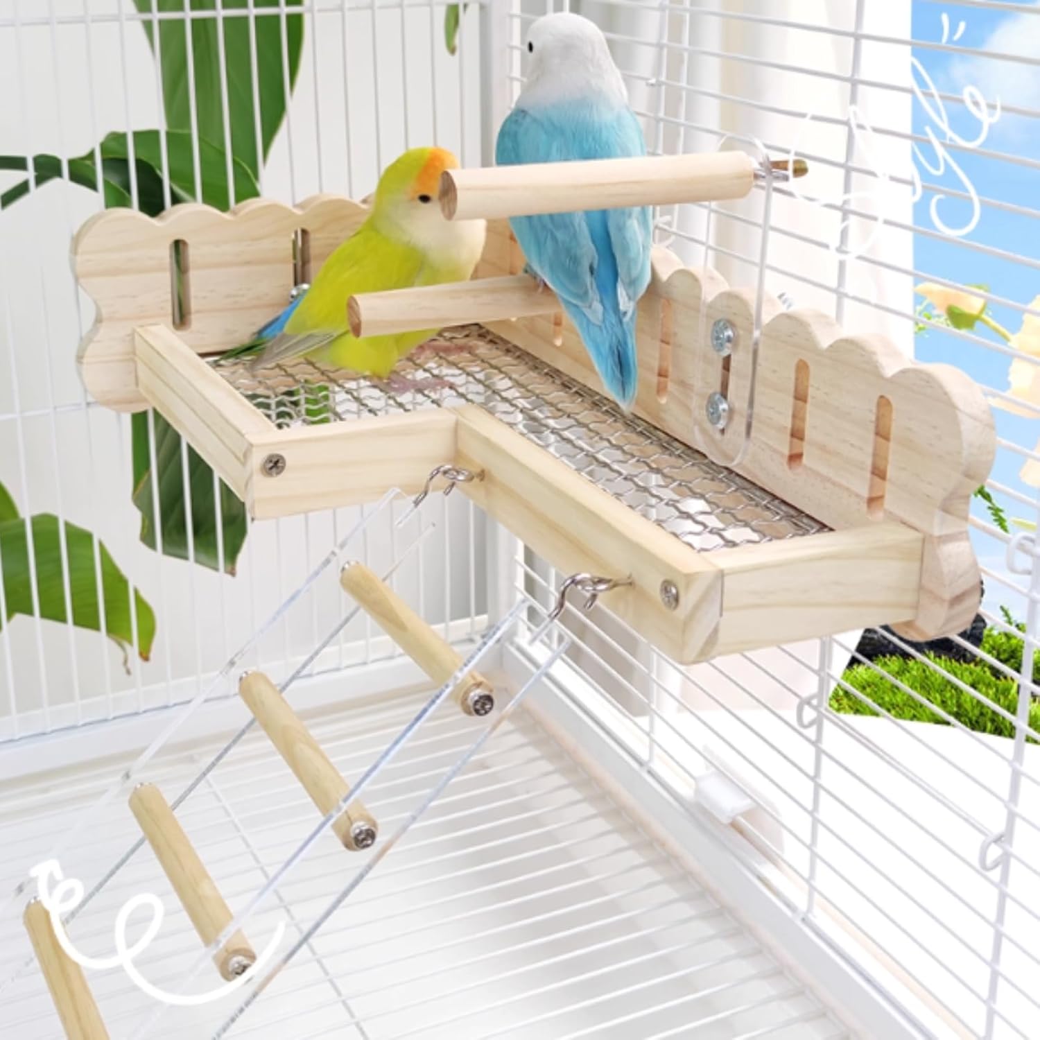 Wooden Bird Platform and Climbing Ladder Set with Iron Mesh for Easy Cleaning, Bird Wooden Playground with Stands, Parrot Play Stand, Cage Accessories for Lovebirds, Conures, Budgies (with Ladder)