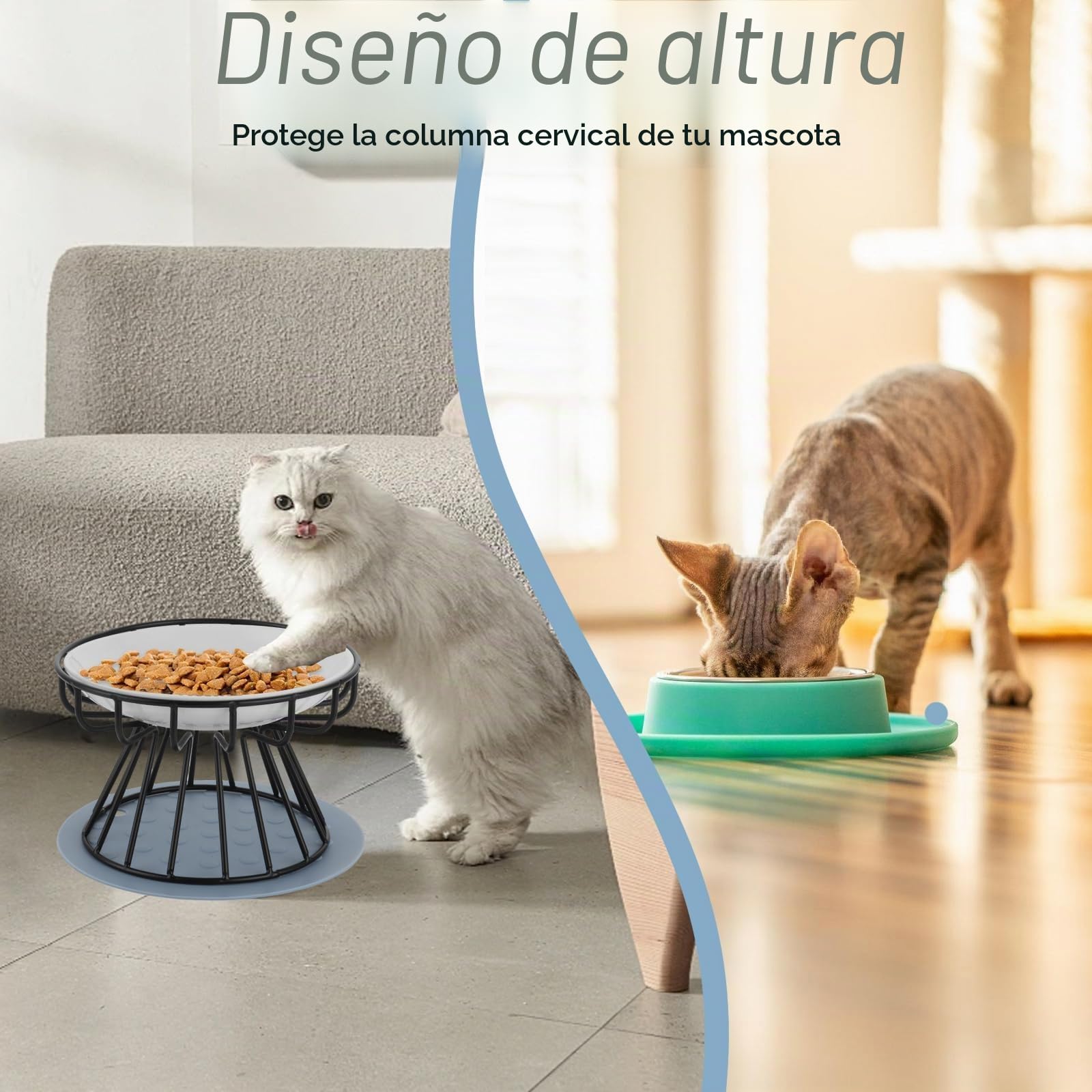 YAYODS Juego de 3 Cuencos de Cerámica Elevados para Gatos, Comedero Ergonómico Altura 10cm, Soporte Metálico y Alfombrilla de Silicona Antideslizante, Cuencos Anchos Antifatiga Aptos para Lavavajillas