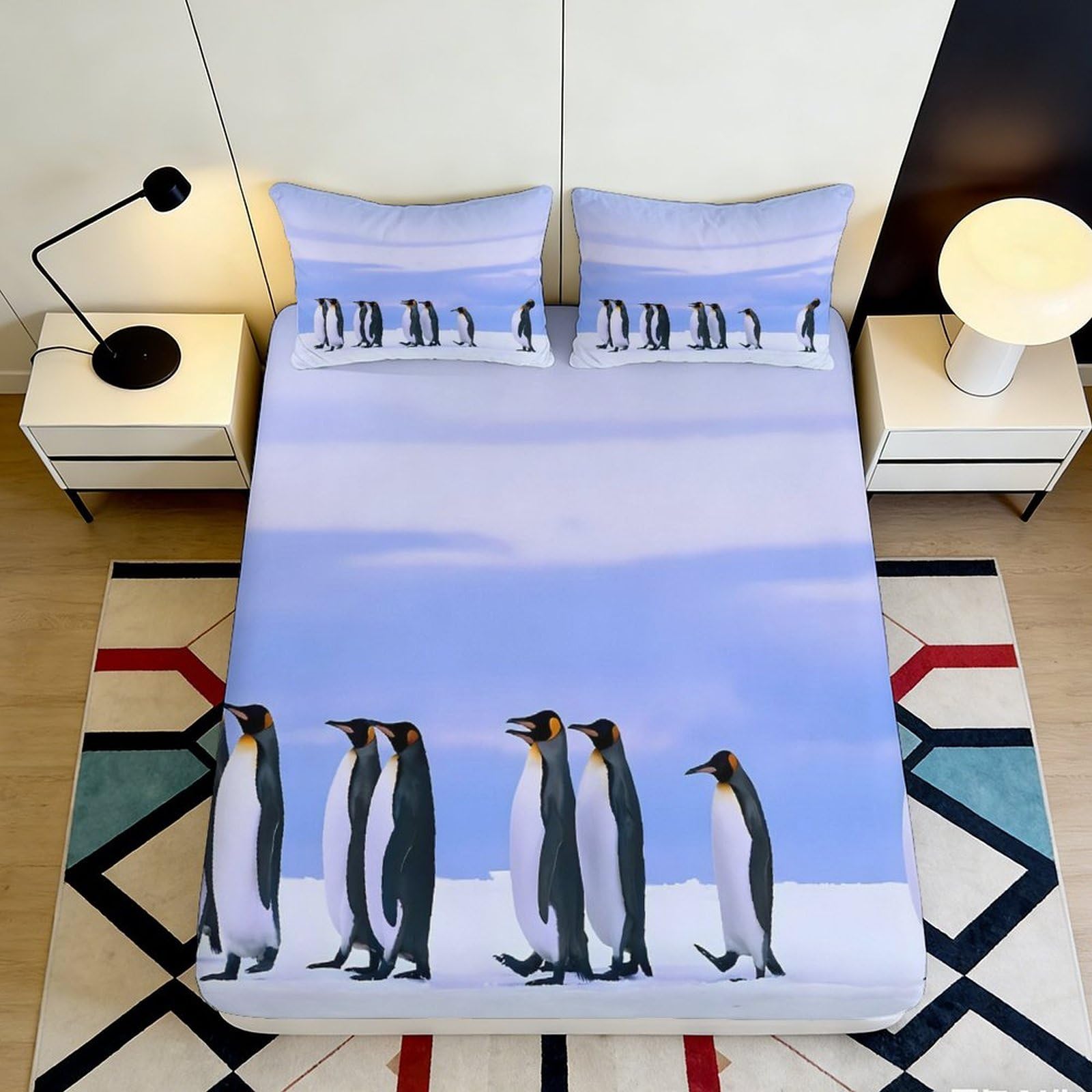 3D Printed Penguin Arctic Fitted Sheet Microfiber Soft Breathable Iceberg Mattress Cover for Bedroom Dorm Mattress Protection Decor 90x200x25cm