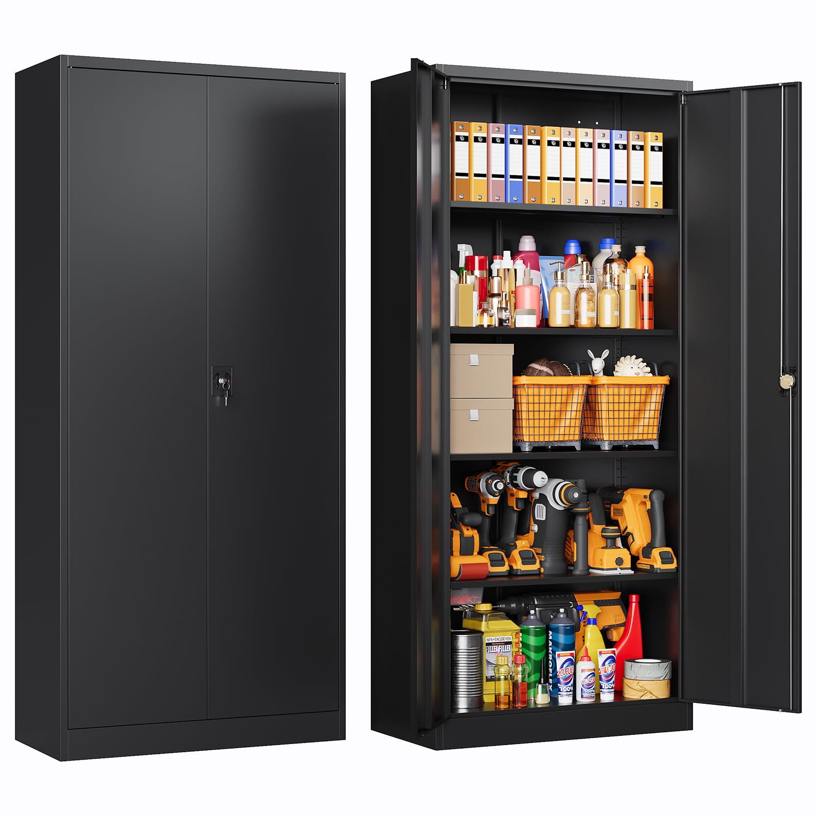 LISSIMO Metal Storage Cabinet with Locking Doors, Tall Cabinets for Home, Office, Warehouse Organizer (Black)