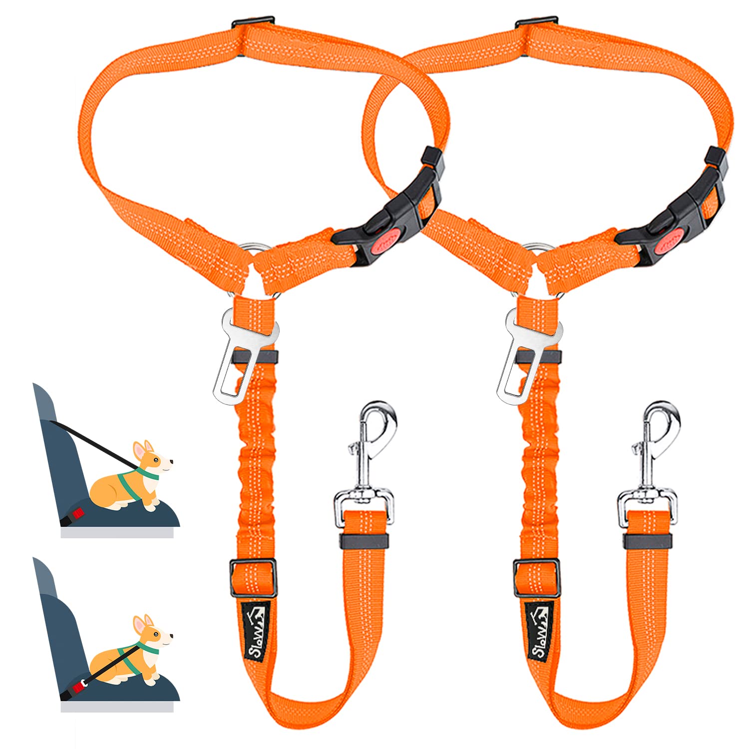 Lukovee Dog Car Seat Belt, 2 Pack Headrest Restraint Seatbelt, Adjustable Pet Safety Leads with Reflective Elastic Bungee for Dog Harness Collar