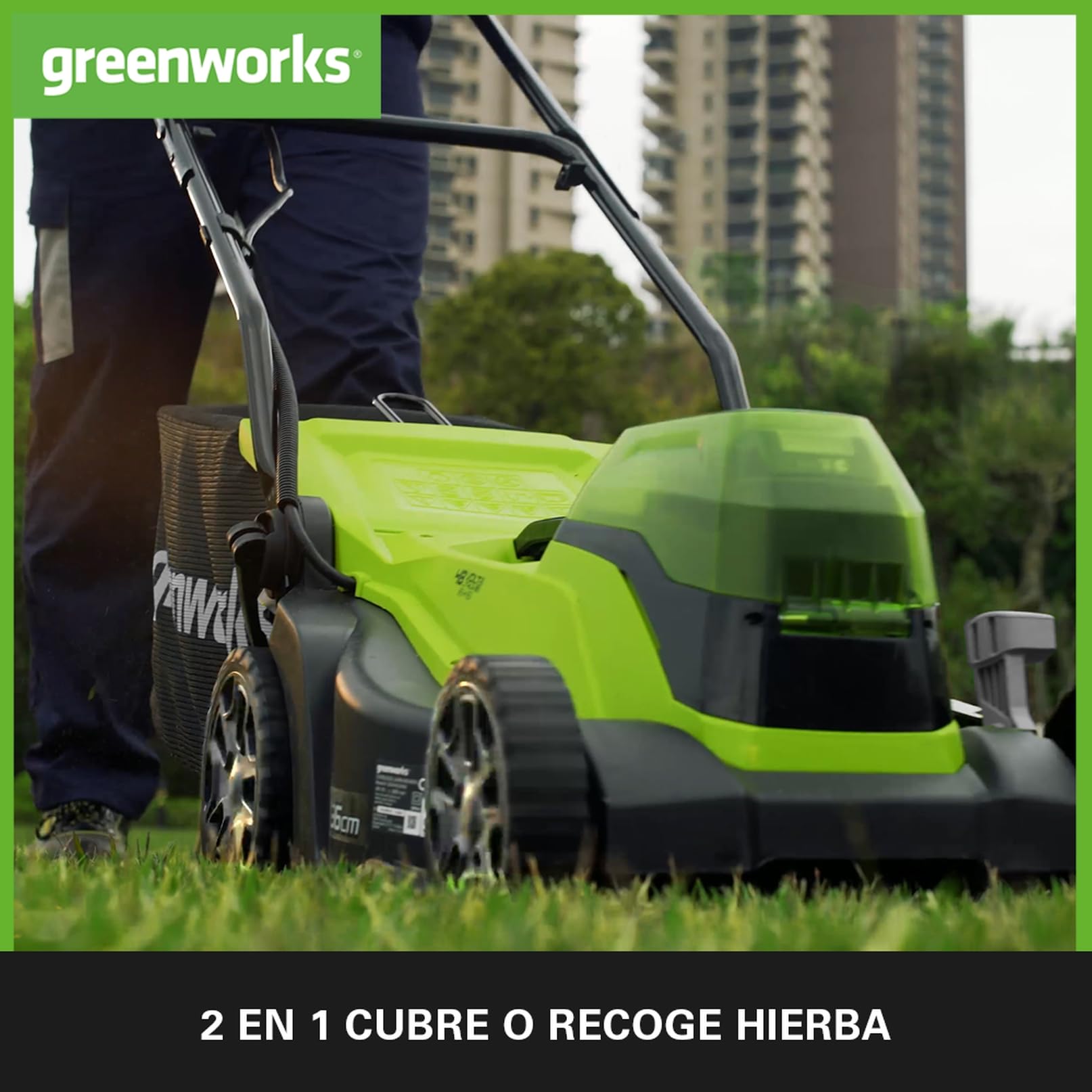 Greenworks Cortacésped de Batería 48V (24V x 2) para Céspedes de Hasta 210m², Ancho de Corte 36cm, Bolsa de 40L MÁS Dos de Baterías de 2x24V 2Ah y Cargador Doble，G24X2LM36K2X