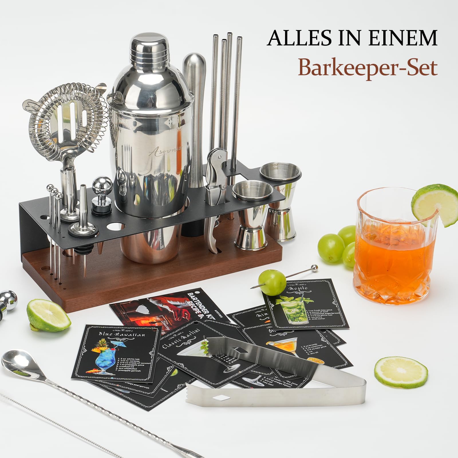 23-teiliges Barkeeper-Set, Cocktail-Shaker-Set mit Ständer|Bar-Getränkemixer-Set mit allen wichtigen Bar-Tools: Martini-Shaker, Sieb, Löffel, Stößel, für Zuhause, Bar, Party (braun-F)