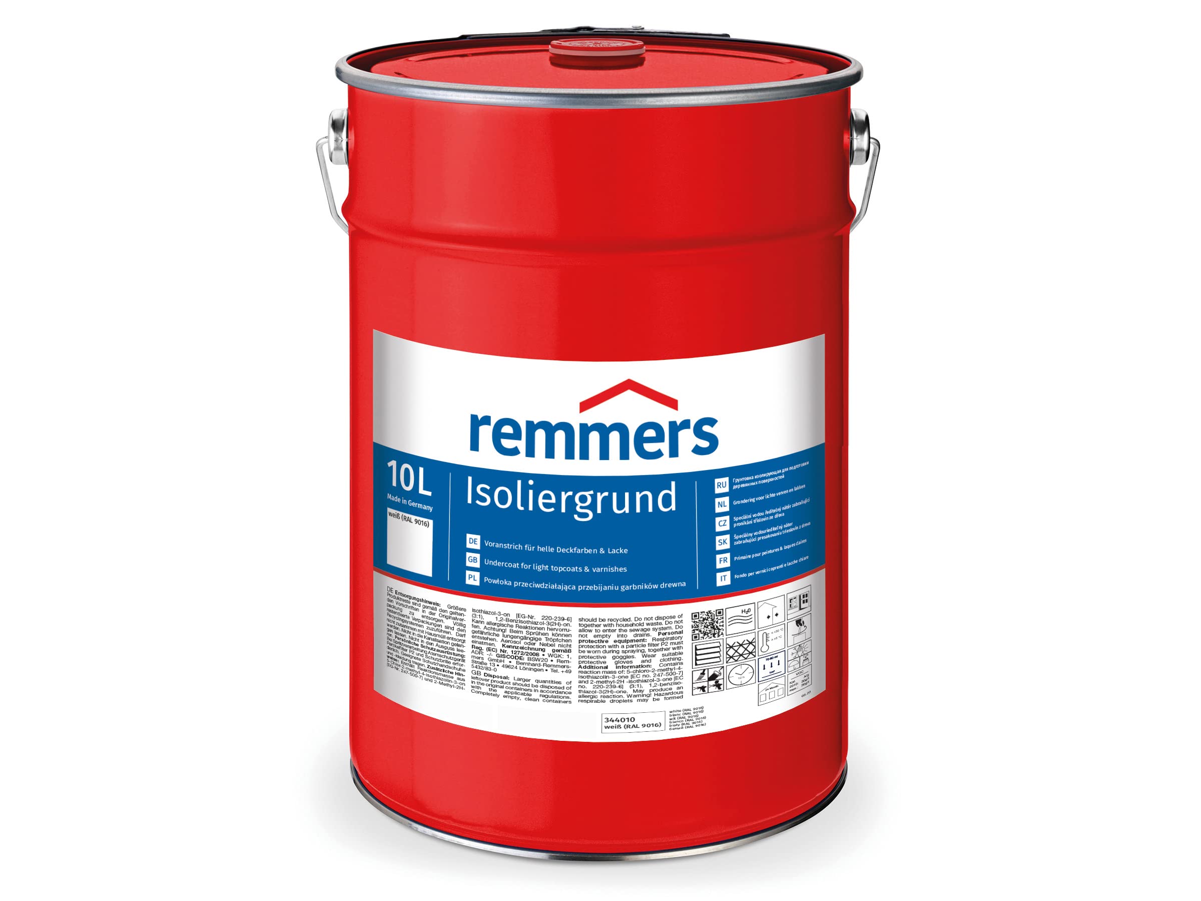 Remmers Isoliergrund weiß (RAL 9016), 10 Liter, Sperrgrund, wirkt gegen Holzinhaltsstoffe, verhindert Gelbverfärbungen, hochdeckend, atmungsaktiv