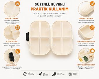 Orret Home 8 Bölmeli Kilitli Taşınabilir İlaç Kutusu, Plastik Seyahat Hap Kutusu, Günlük Vitamin Takviye Tablet Organizeri, Çanta Cep İçin Kompakt Bölmeli İlaç Saklama Kutusu 10x14 cm