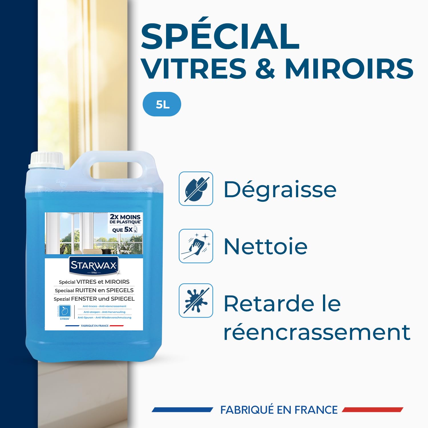 STARWAX Nettoyant spécial vitres et miroirs 5L | Nettoie vitres et miroirs, sans trace, anti-réencrassement, parfum verveine citron, grand format recharge économique