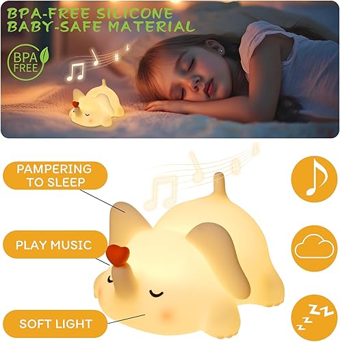 Miniatura 5 de Luz nocturna de elefante para niños con música, lámpara de silicona blanda para guardería, linda luz de animal de 3 niveles regulable y recargable