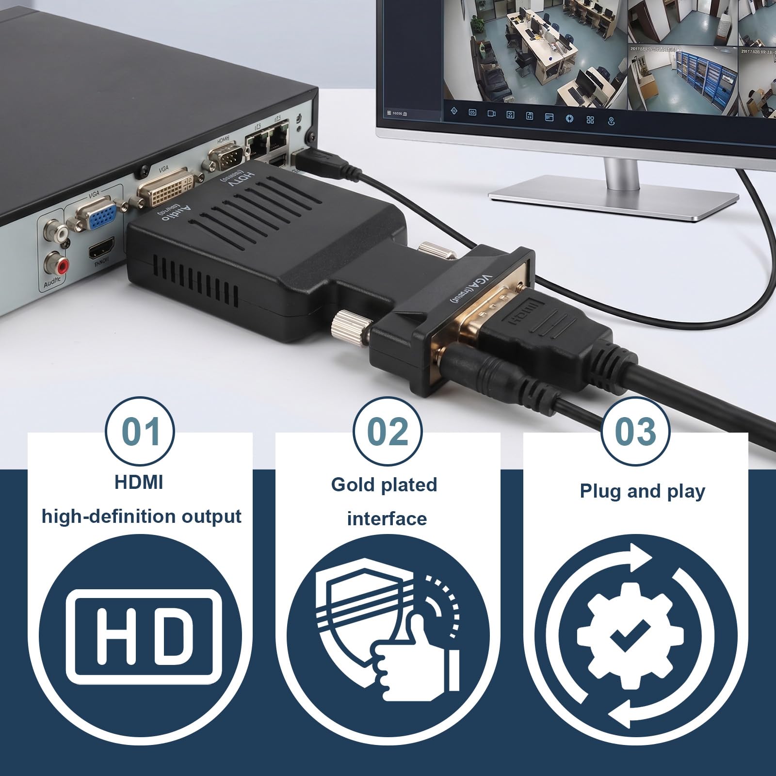 Adapter VGA auf HDMI 1080p mit Audiokabel, VGA-Stecker auf HDMI-Buchse, unterstützt HD-Auflösung, für TV, Monitor, Projektor, Audio über 3,5 mm, Plug and Play