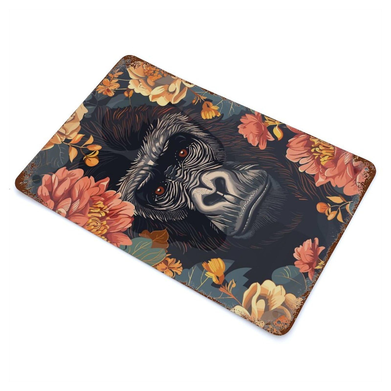 Gorilla in Bloom 11.8"x7.9" Aged Metal Wall Plaque, Retro Wall Decor for Farmhouse, Kitchen And Entryway Decor