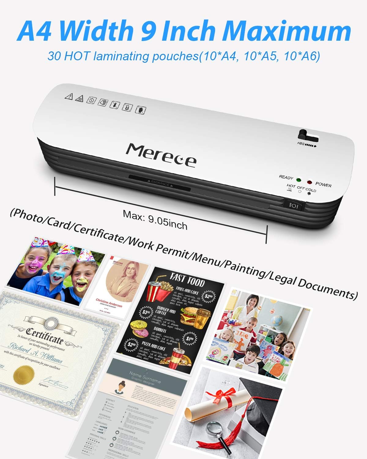 Product Deal Merece Laminator - 4 in 1 A4 Thermal Laminator Machine, Personal Laminator for Home Use School Teachers Office Card Classroom, 9 Inches Small Hot Cold Lamination Machine with 30 Laminating Pouches