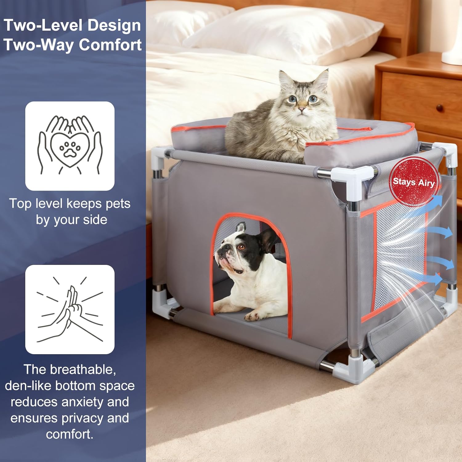 25.5"*17"*17.7" Bedside Dog Bed for Small-Medium Pet,Stainless Steel Frame & Oxford Fabric Dog Bunk Bed with Neck Pillow, Cat Bed Attachment to Human Bed, Elevated Pet Bed,Cat&Dog Perch, Lightweight