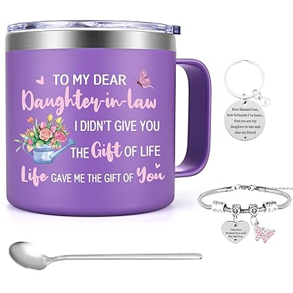 Lifecapido Daughter in Law Gifts Coffee Mug, Daughter in Law Mother's Day Gifts, Daughter in Law Gifts from Mother in Law for Birthday Christmas, 14 Oz Stainless Steel Coffee Mug with Lid, Purple